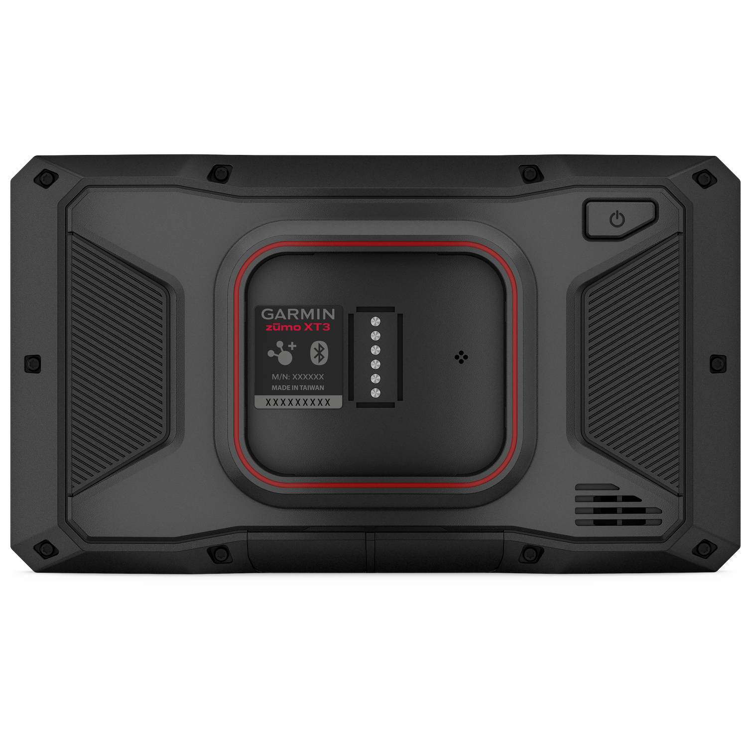 Back of a black Garmin Zumo XT3 navigation device with charging contacts.