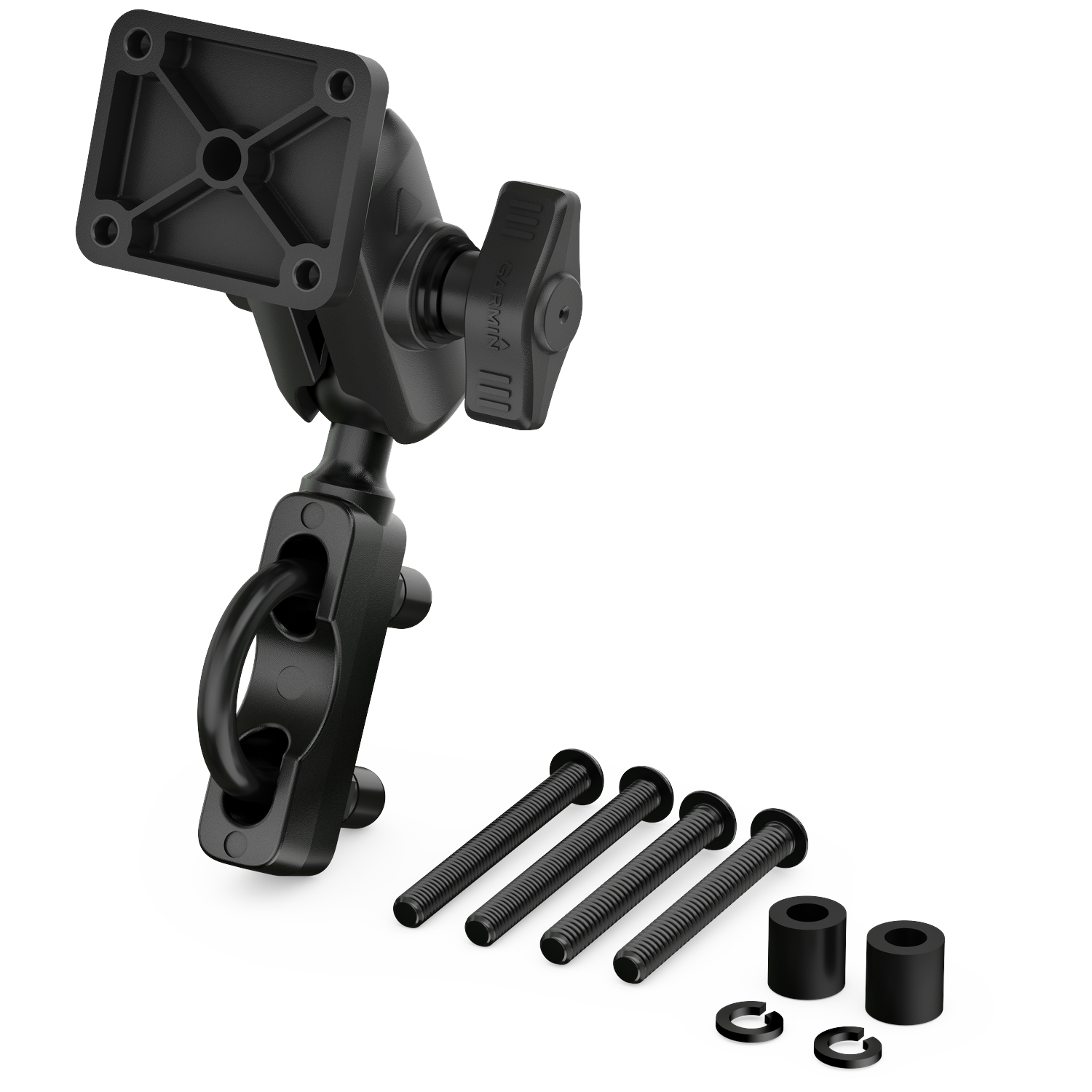 A black Garmin mount arm with screws and spacers on a black background.