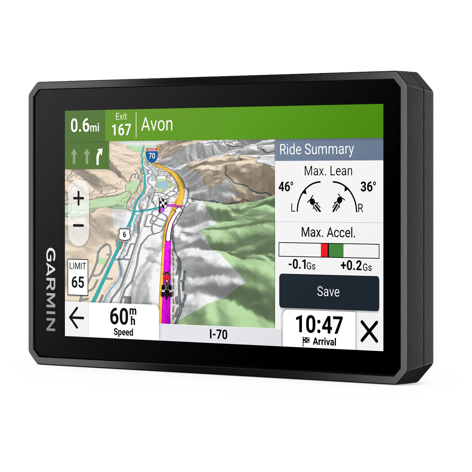 GPS device shows map, speed 60, arrival 10:47, max lean 46°, max accel +0.2Gs.