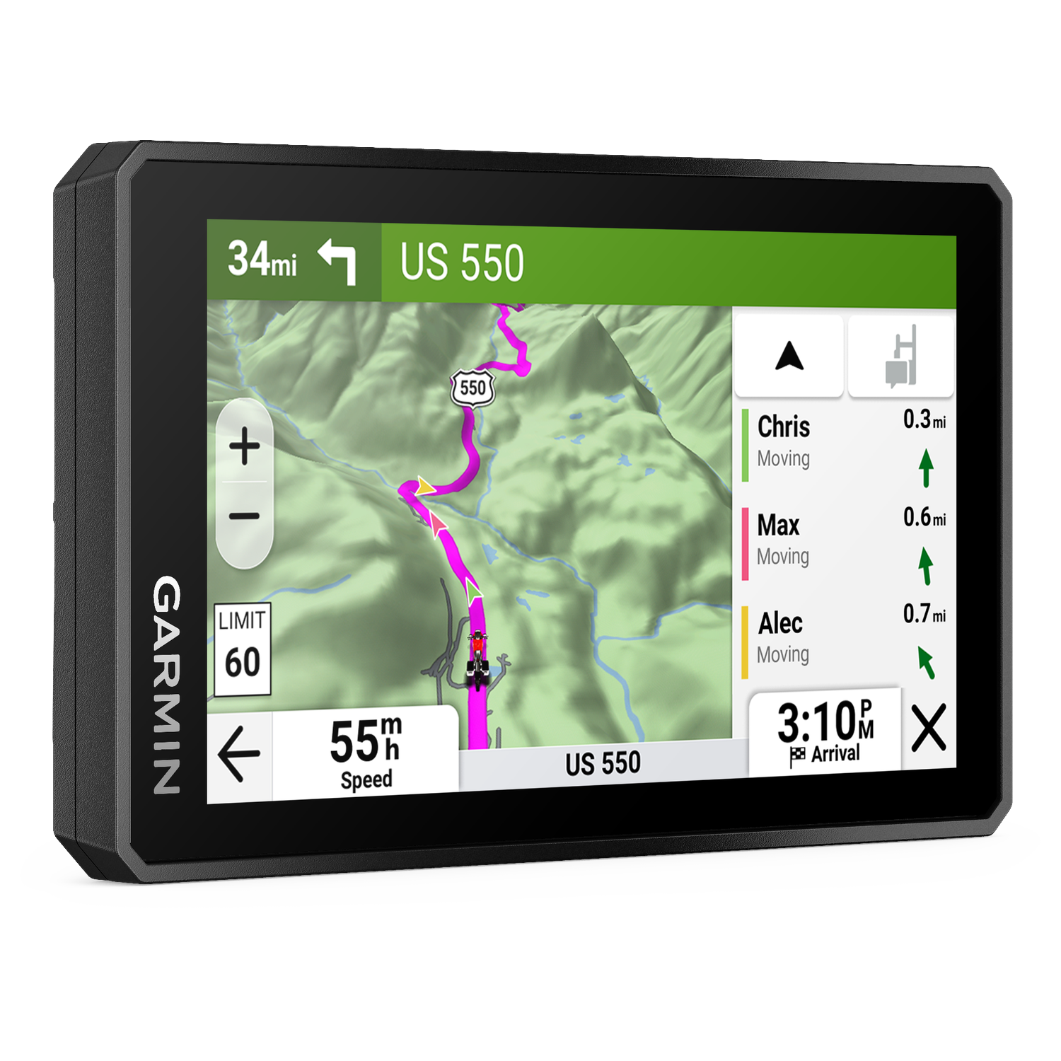 Garmin GPS shows route on US 550, 34 miles to destination, 60 mph speed limit.