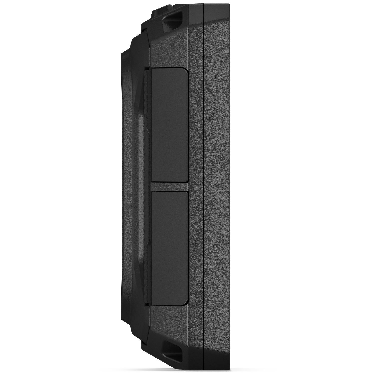 Black, rugged device with two side flaps and textured surface.