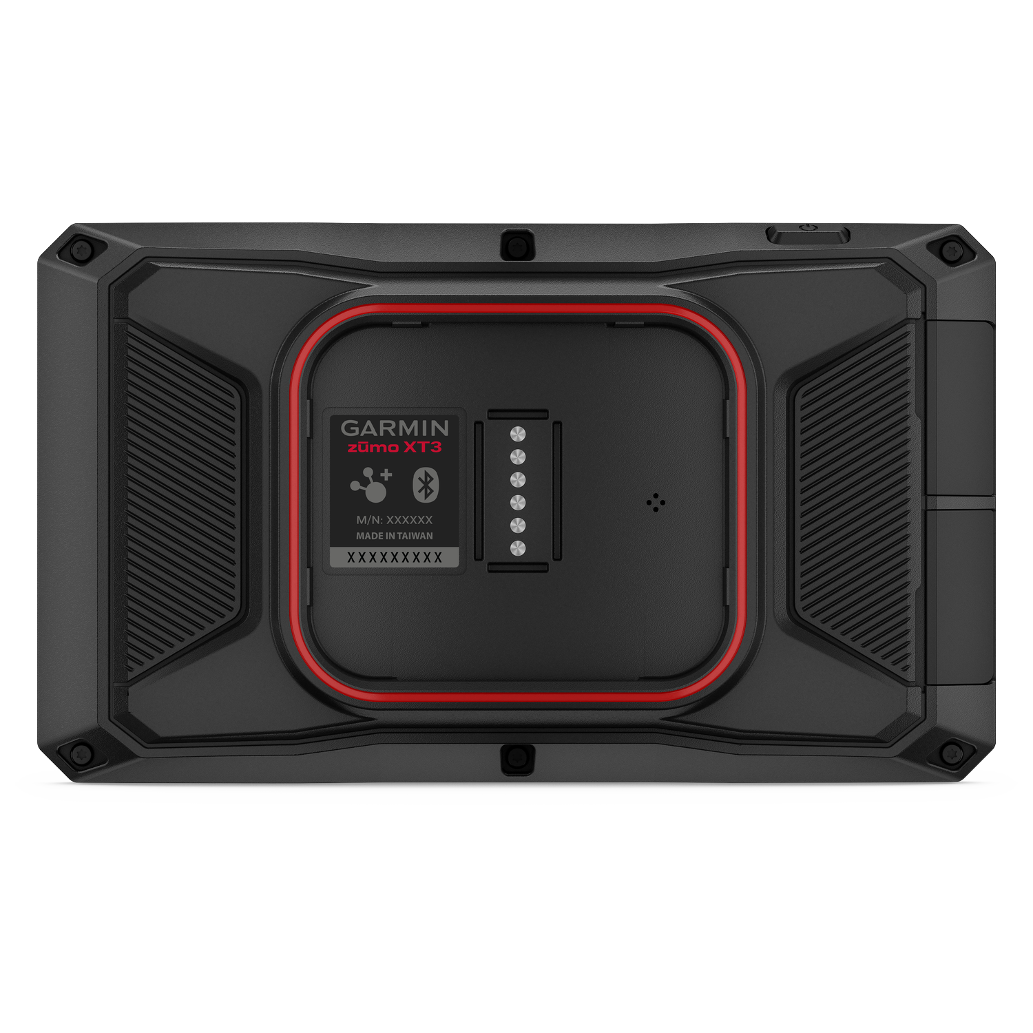 Back of a black Garmin Zumo XT3 navigation device with a red accent.