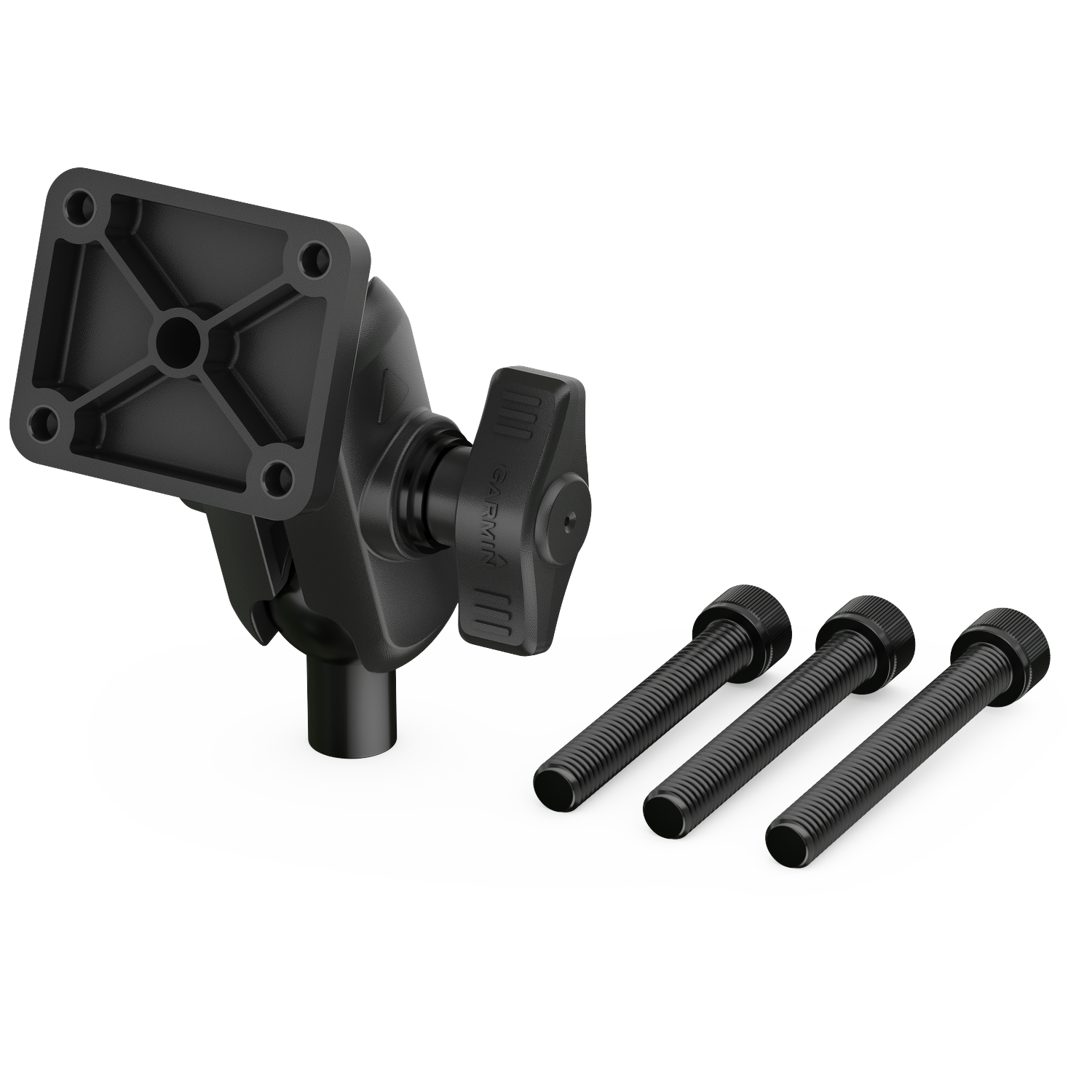 Black Garmin mount arm with screws on a black background.