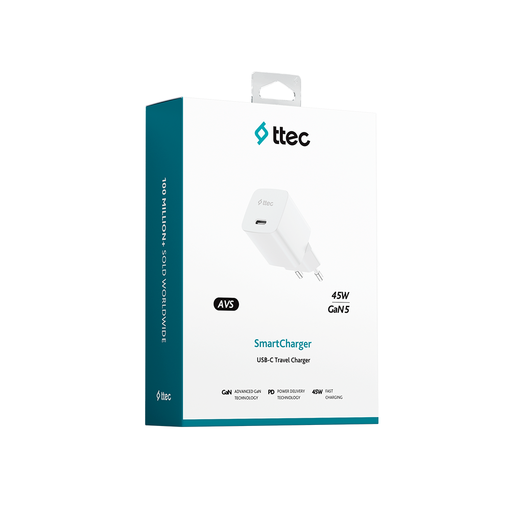 45W GaN 5 teknolojili beyaz Ttec SmartCharger USB-C seyahat adaptr.