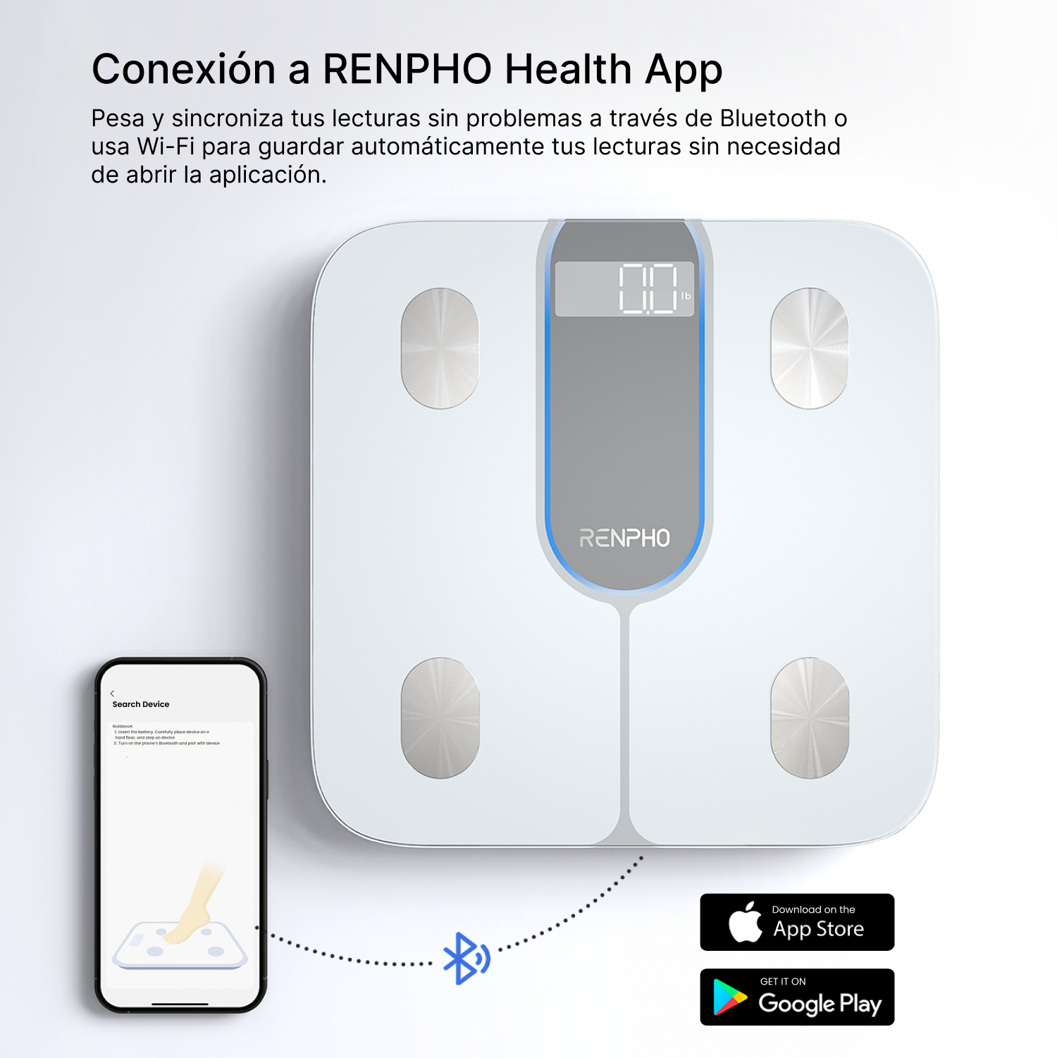 Una báscula digital blanca con un smartphone mostrando la app Renpho.