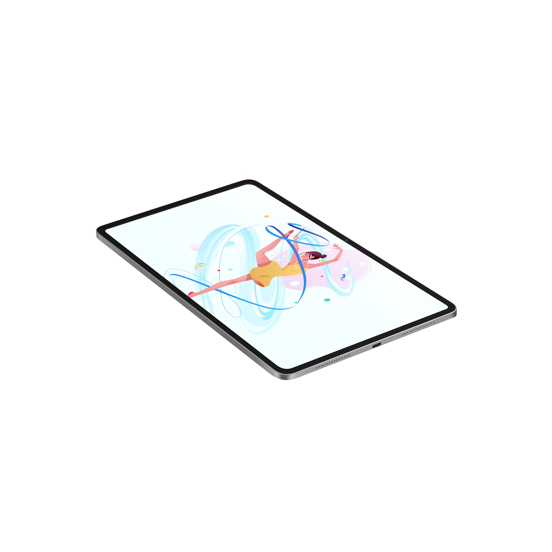 Ein Tablet zeigt eine Gymnastin mit gelbem Kleid, die einen blauen Band tanzt.