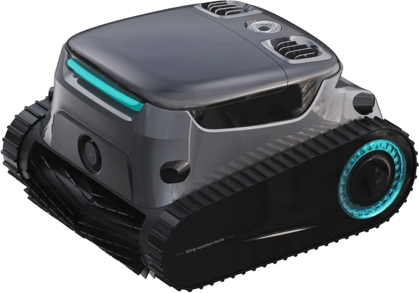 Egy szürke robot lánctalpakkal és kék díszvilágítással.