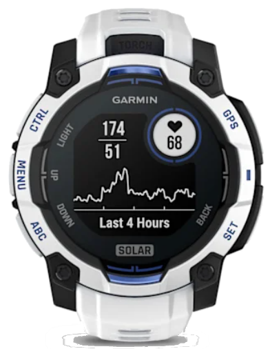 Biały smartwatch Garmin z czarną ramką, niebieskimi akcentami i wyświetlaczem tętna.