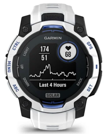 Zegarek Garmin z danymi tętna, wykresem i energią słoneczną. Biały, czarny, niebieski.