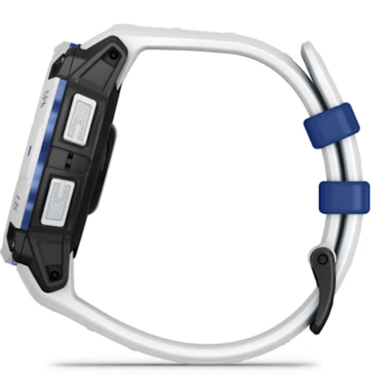 Biała opaska smartwatch z niebieskimi akcentami i czarnymi przyciskami.
