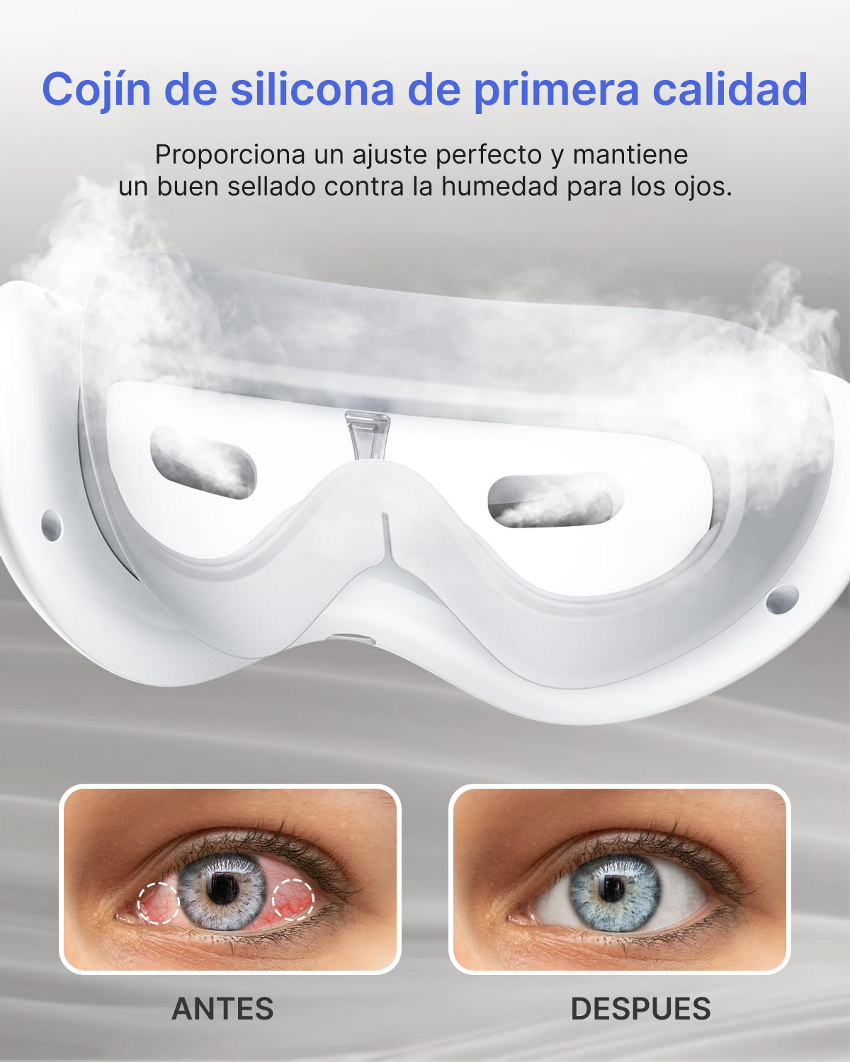 Máscara de silicona para ojos con vapor e imágenes de ojos antes/después.