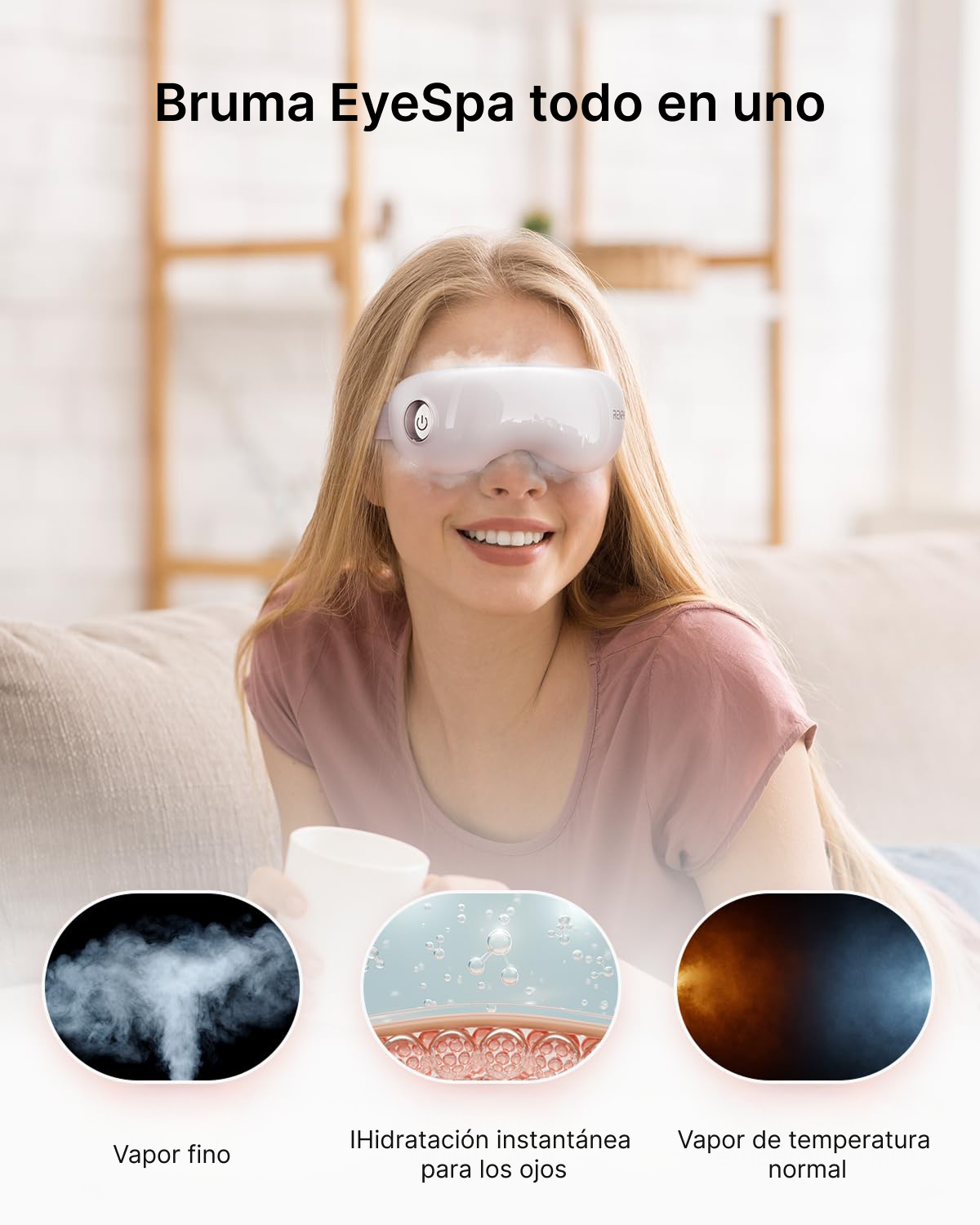 Mujer con máscara de ojos y vapor, gráficos muestran vapor fino, hidratación y temperatura.