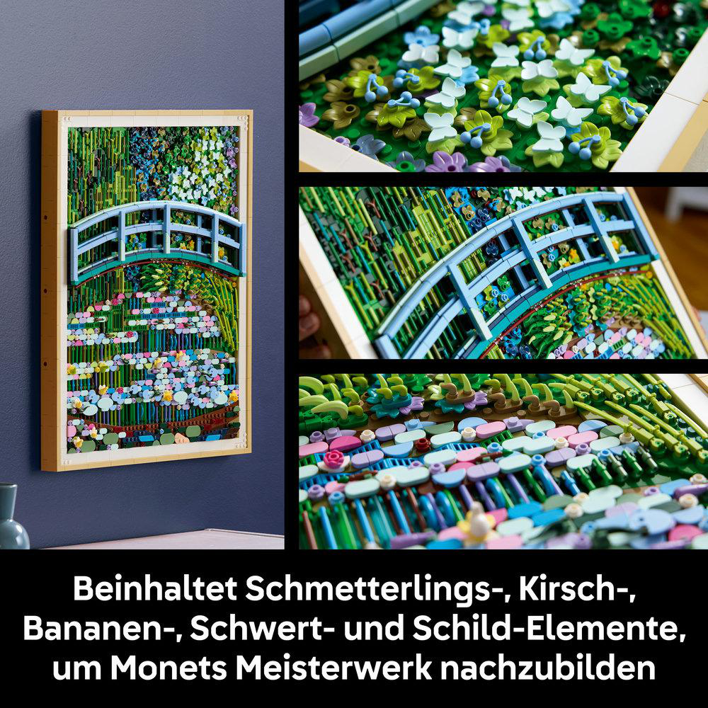 Lego-Nachbildung von Monets Seerosenteich mit Brücke, Blumen und Schmetterlingen.