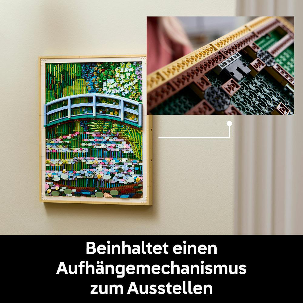 Lego-Bild einer Brücke über Seerosen, mit Detailansicht des Aufhängemechanismus.
