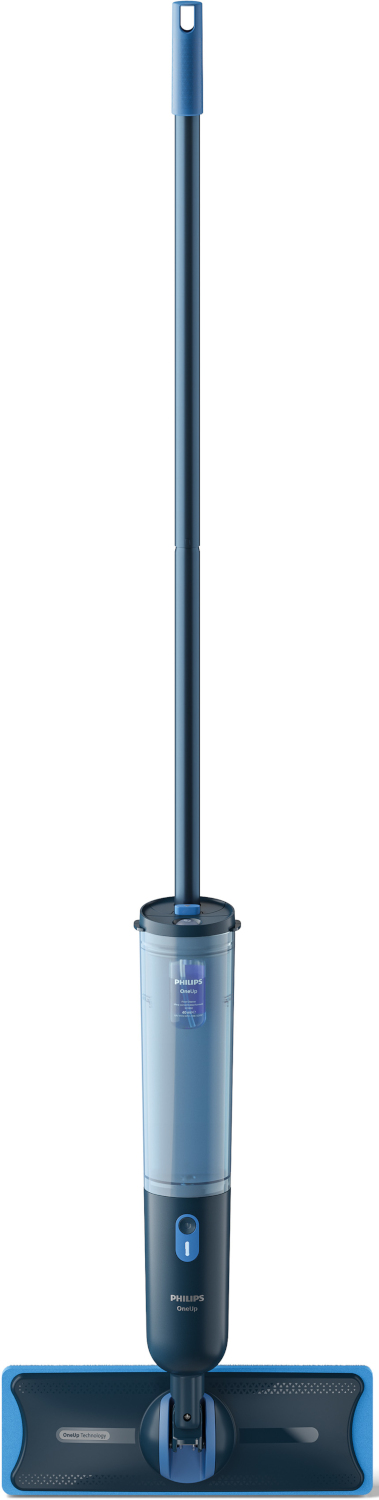 Un balai bleu et gris foncé avec réservoir d'eau et manche.
