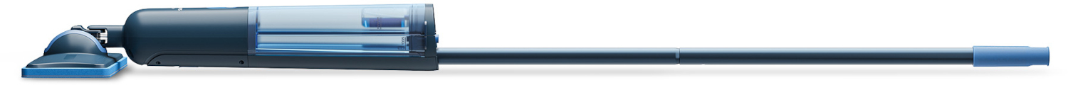 Un aspirateur bleu avec réservoir transparent et long tube.