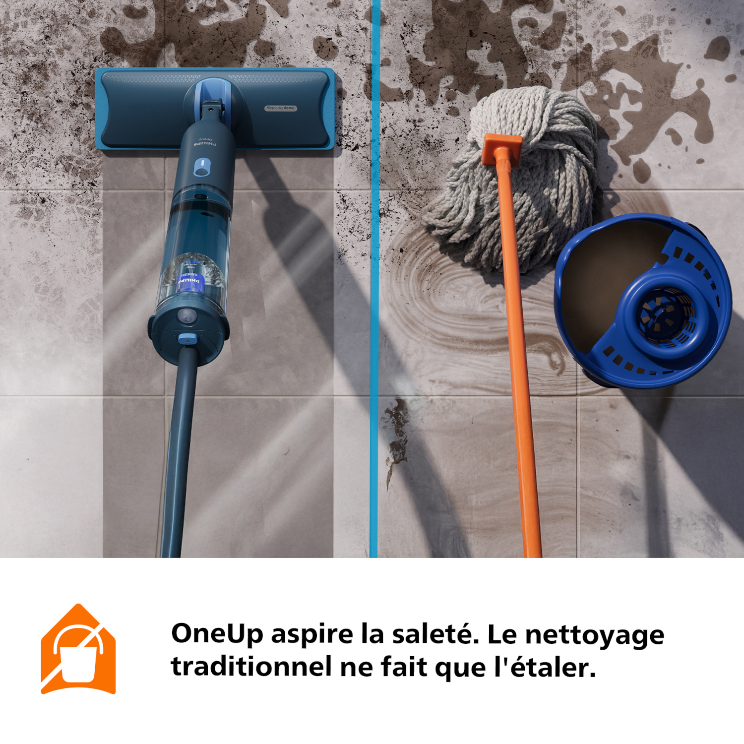 Un aspirateur bleu eau et poussière à gauche, une serpillère et un seau à droite.