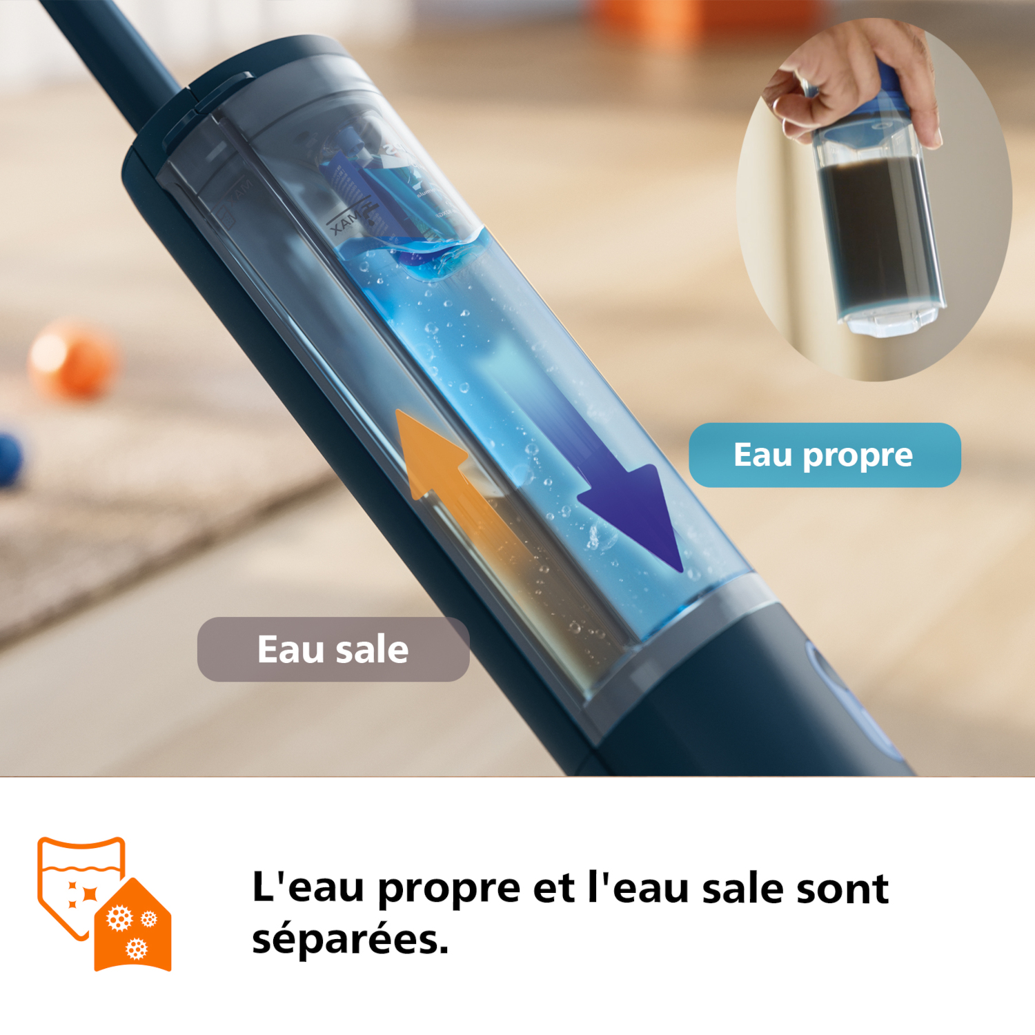 Eau propre et sale dans des compartiments séparés d'un nettoyeur.