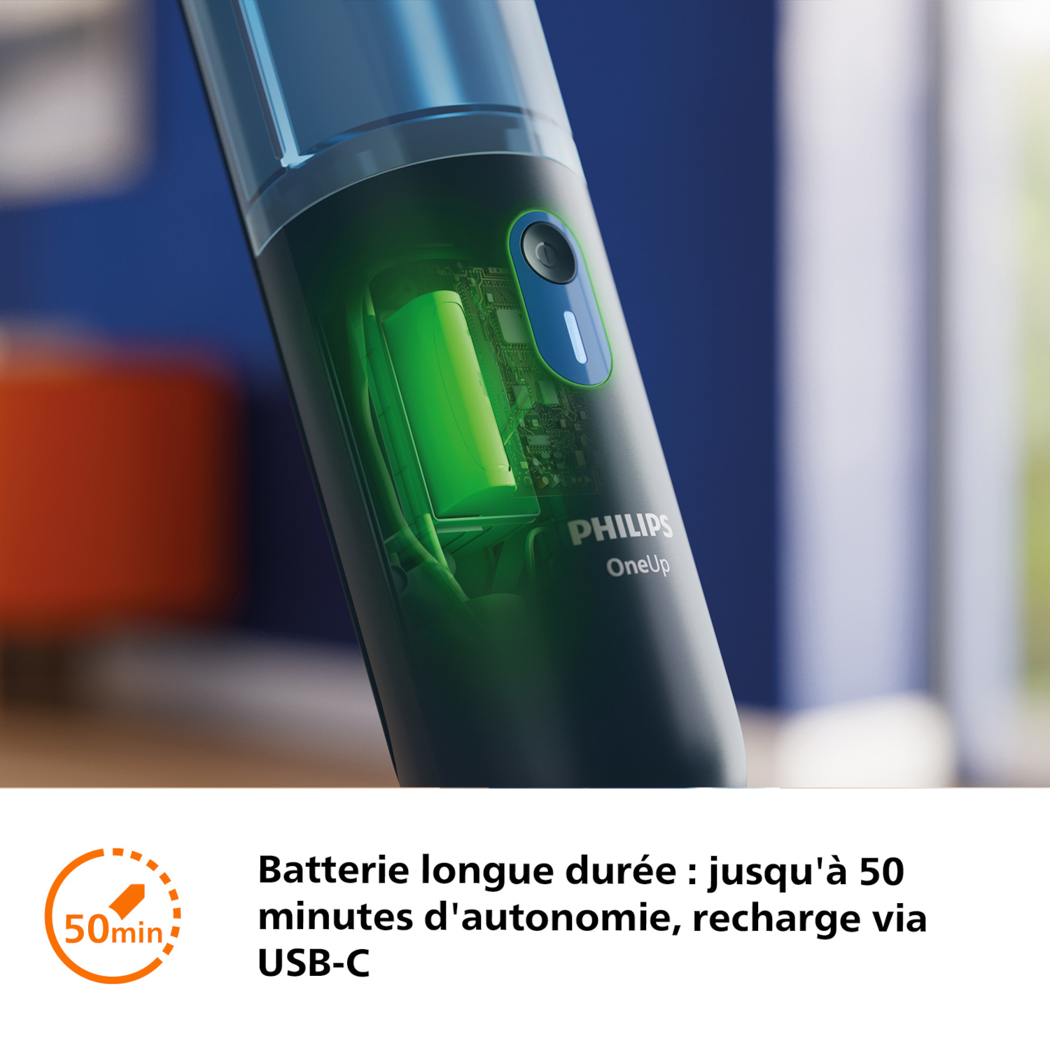 Rasoir Philips OneUp avec batterie verte, 50 min d'autonomie, charge USB-C.
