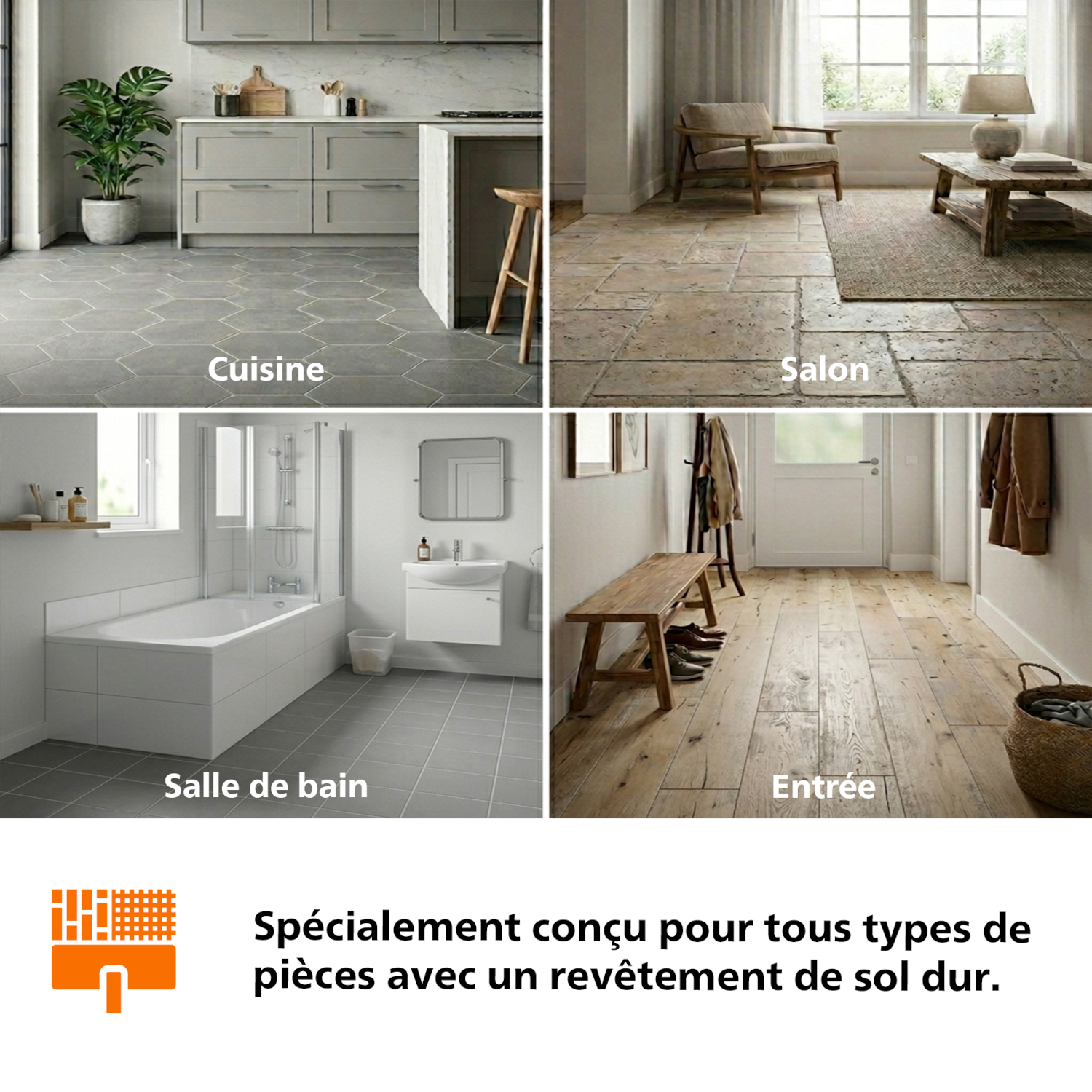Collage de sols de salon, salle à manger, salle de bain et cuisine avec texte.