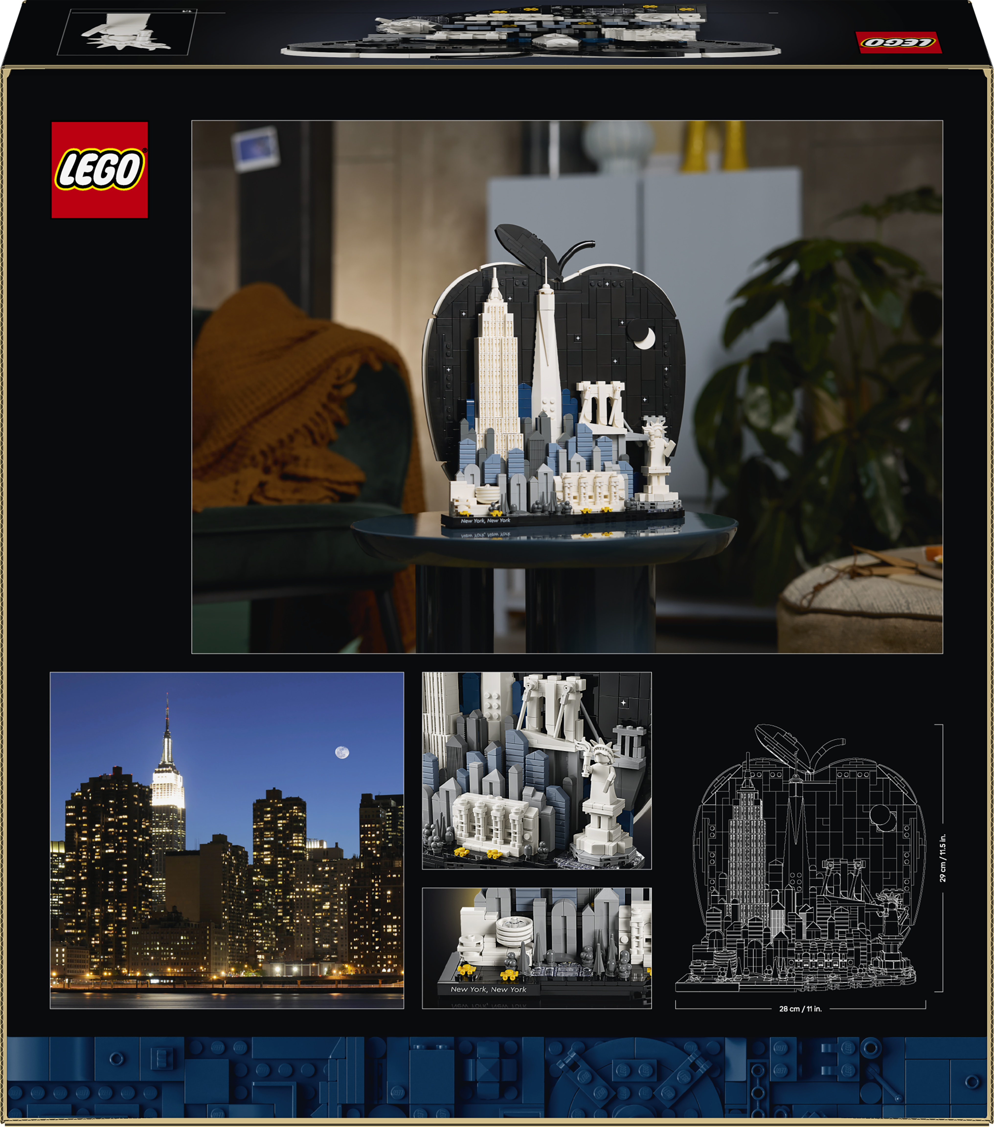 Lego New York Skyline in Apfelform, mit Gebäuden und Wahrzeichen.