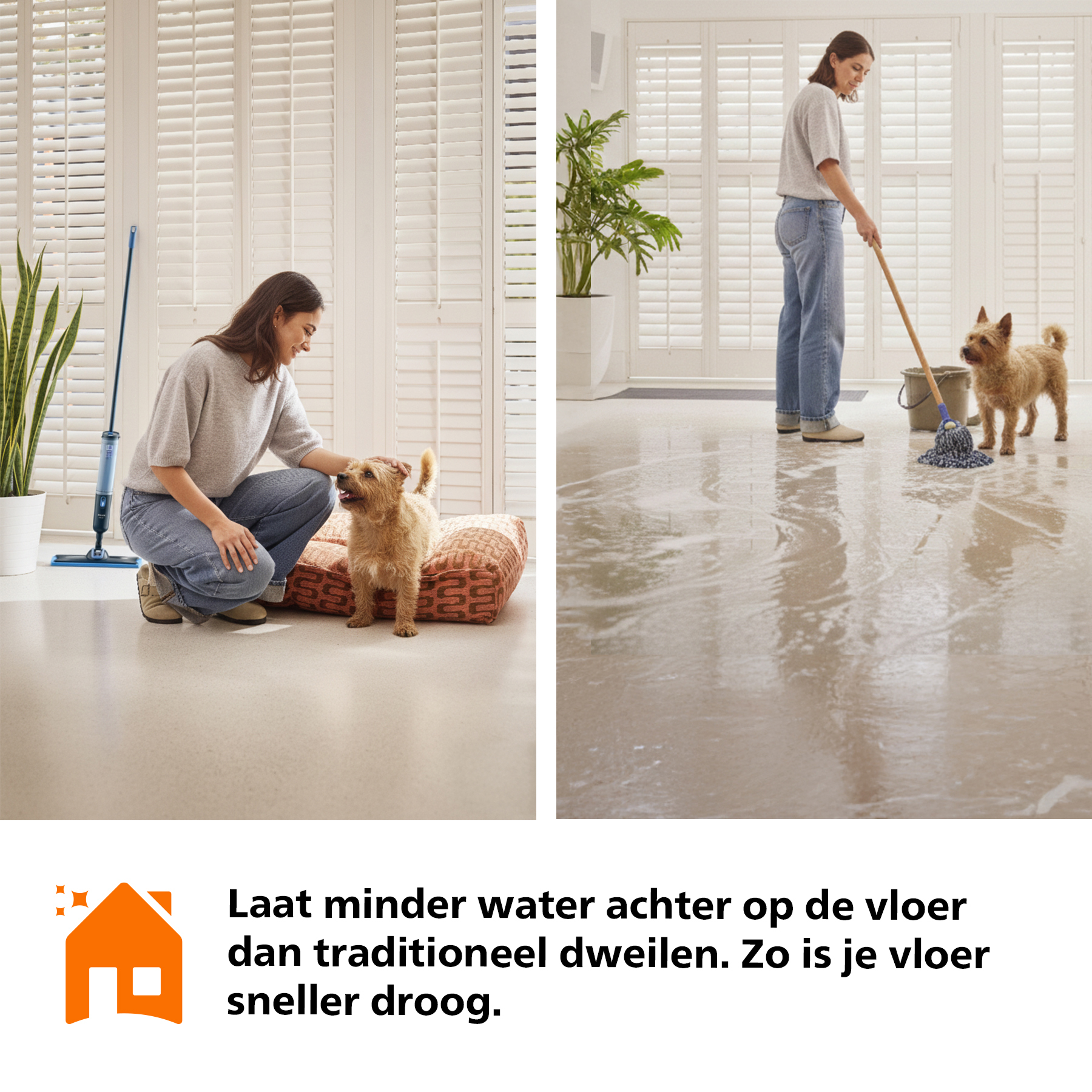 A woman kneels by a dog, with a mop standing nearby.