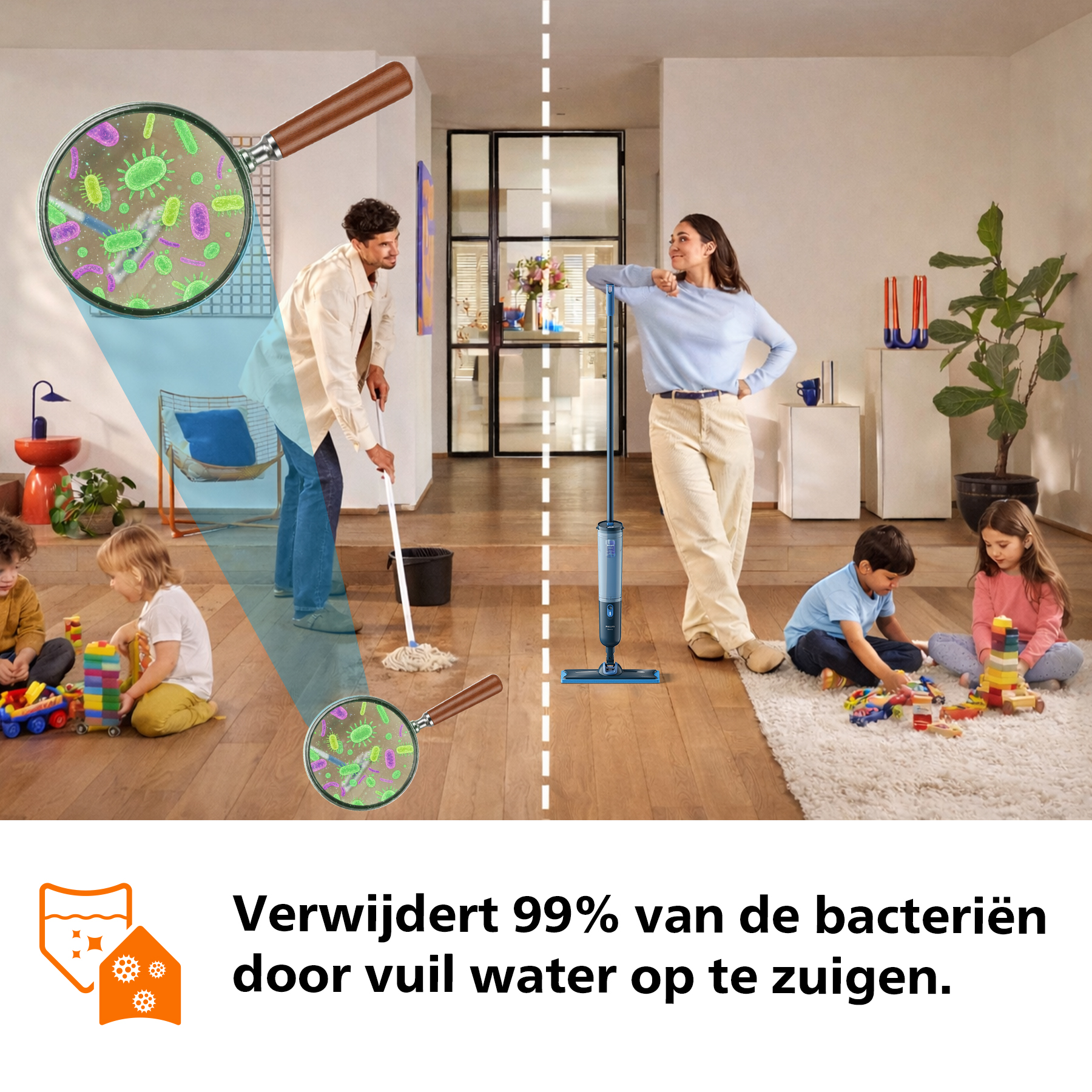 Man mops floor, kids play. Woman stands, vacuum. Germs under magnifying glass.
