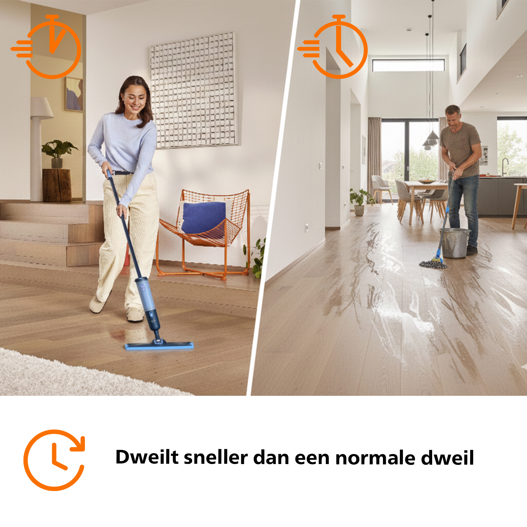 Woman mops floor left, man mops floor right. Both with time icon.