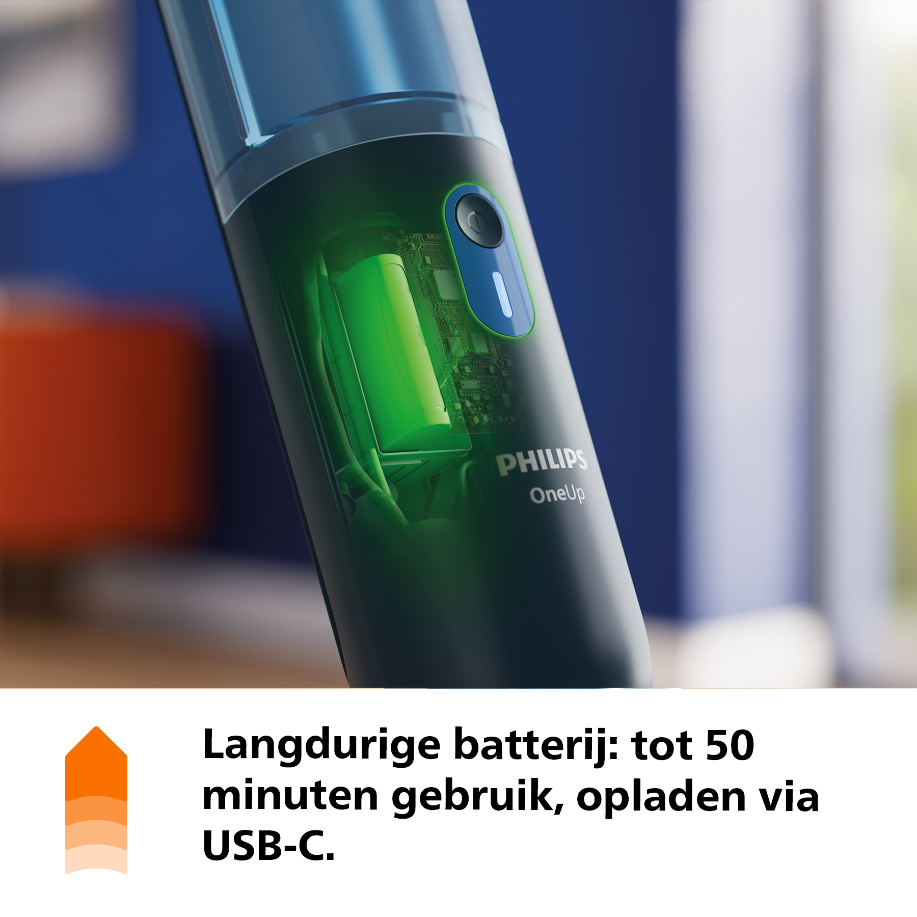 A Philips OneUp with a green battery and charging indicator.
