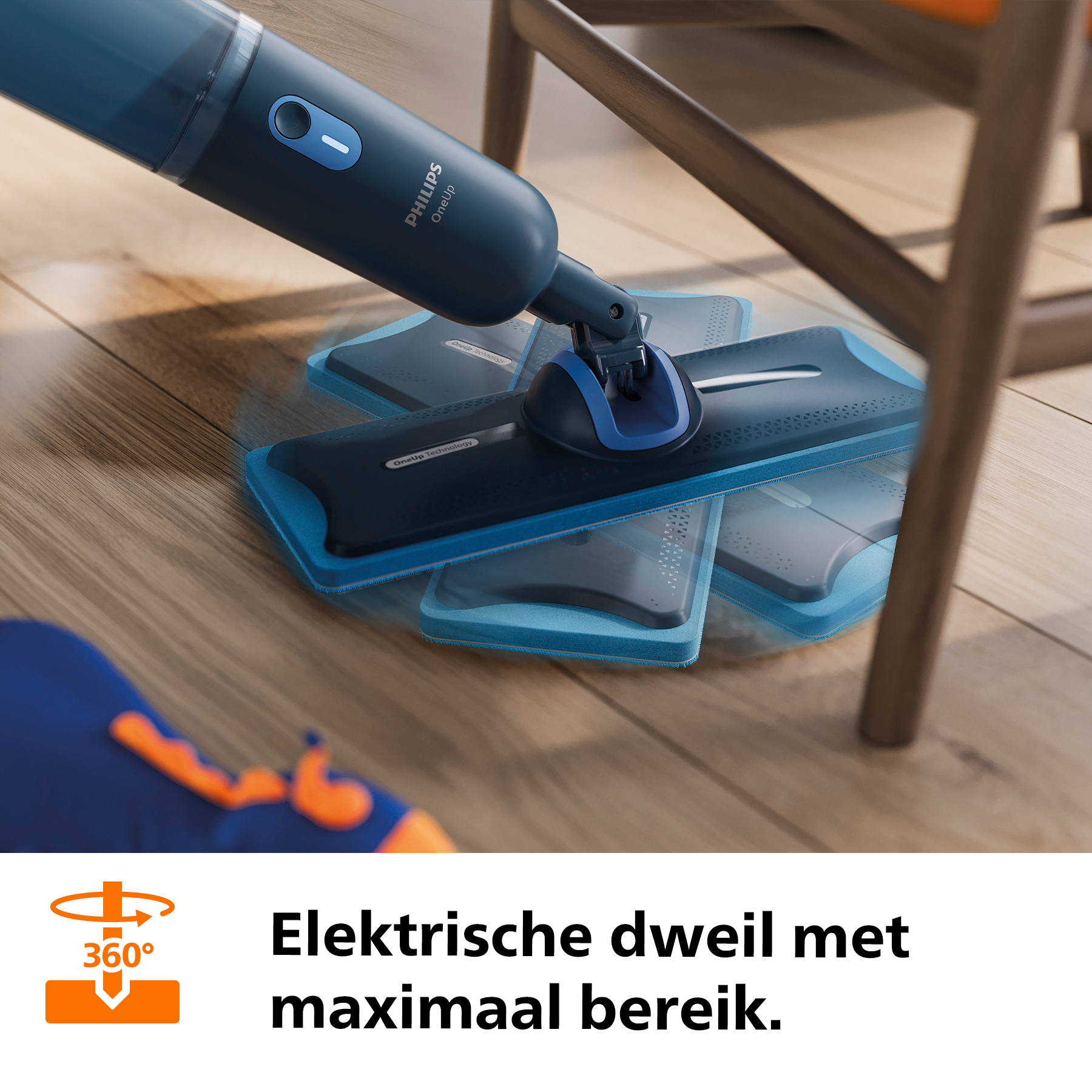 A blue Philips cordless mop with a mopping attachment on a wooden floor.