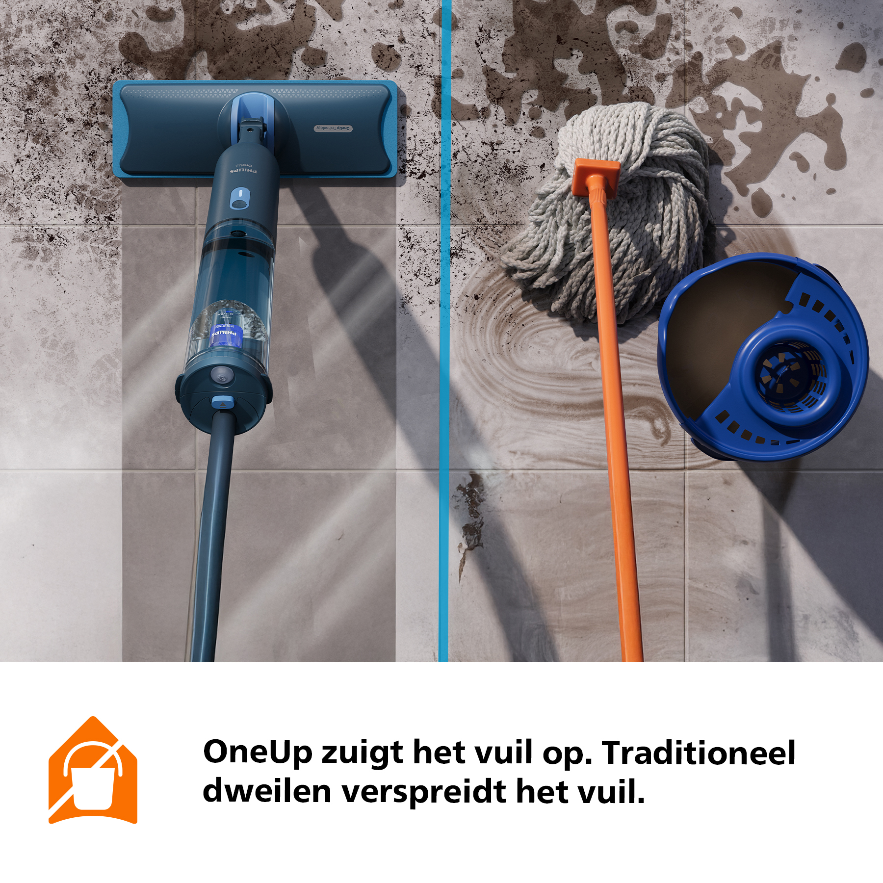 A blue wet/dry vacuum on left, a mop head and bucket on right. Tiles are dirty.