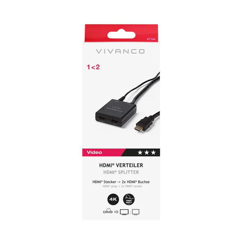 Vivanco HDMI Splitter 1 Eingang zu 2 Ausgänge, 4K, mit Stromversorgung.