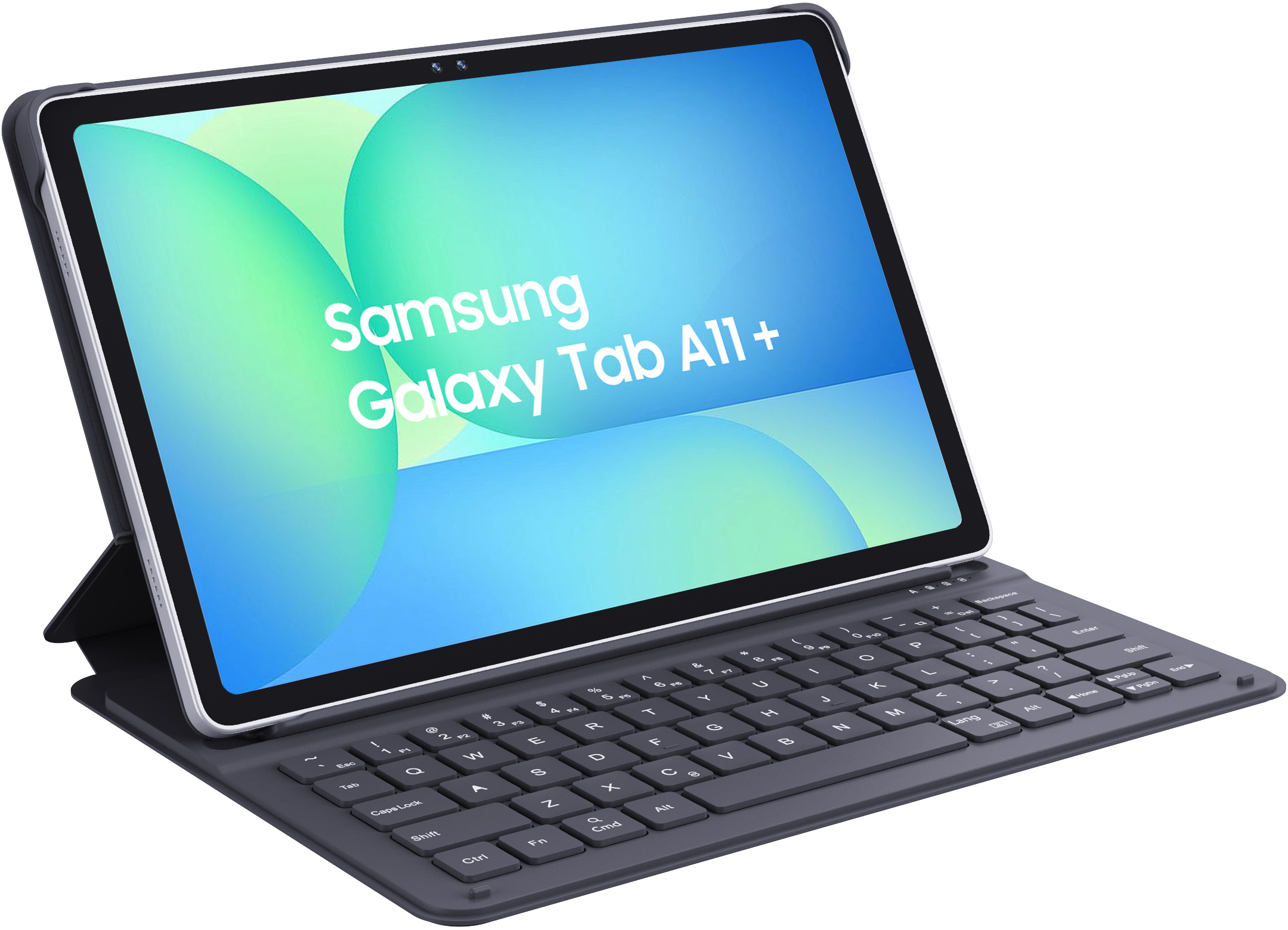 Une Samsung Galaxy Tab A11+ avec étui clavier attaché, sur fond blanc.