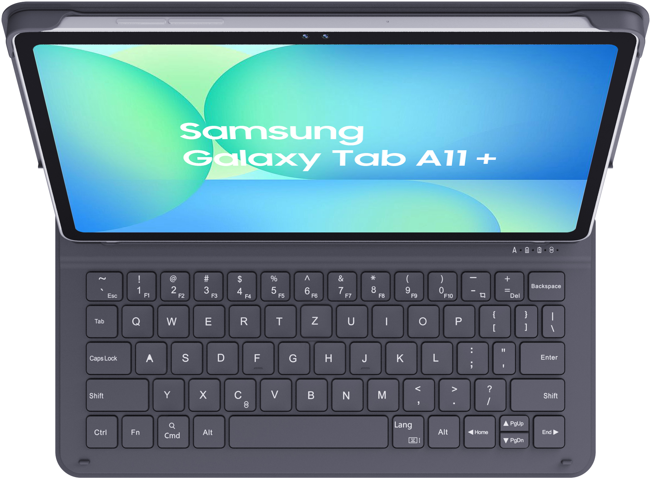 Un Samsung Galaxy Tab A11+ avec étui clavier, affiché sur fond blanc.