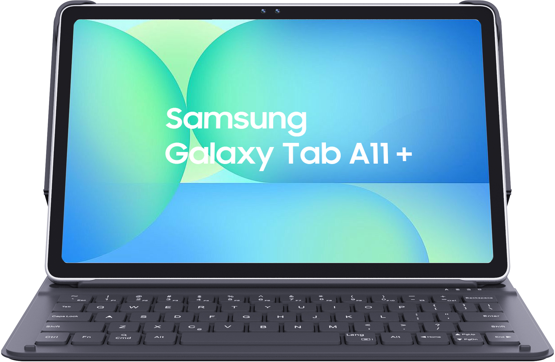 Samsung Galaxy Tab A11+ avec étui clavier. L'écran affiche des cercles abstraits.