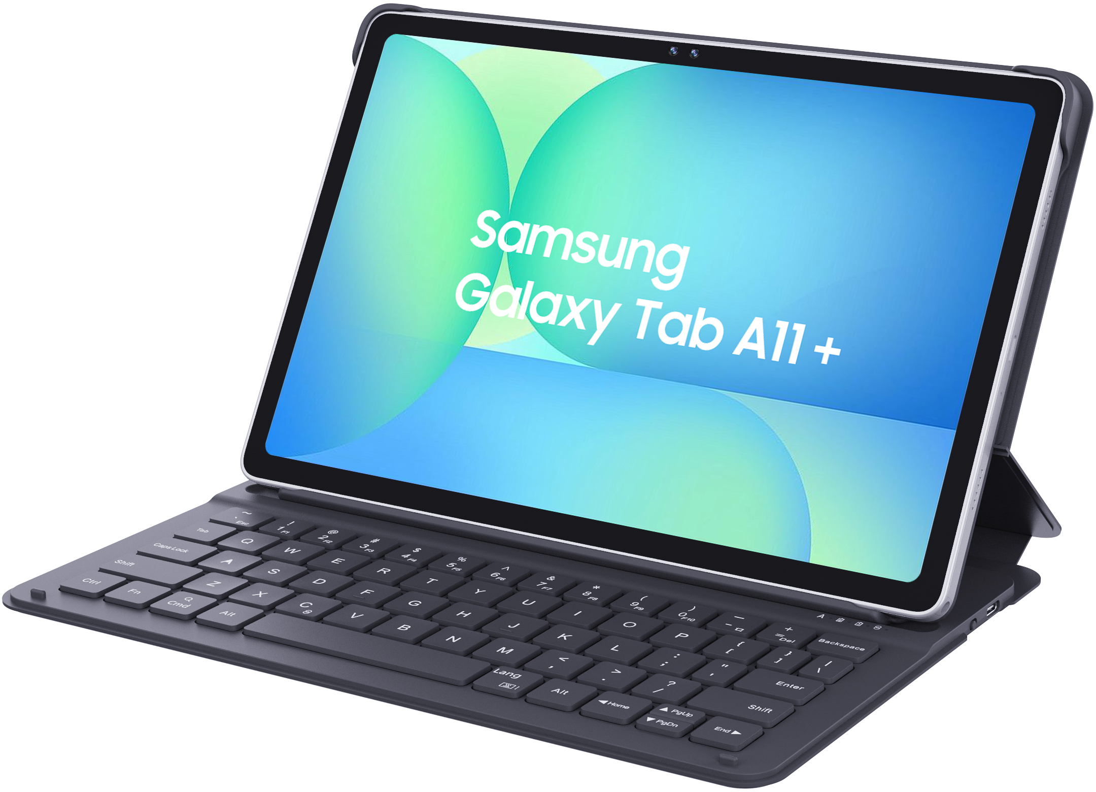 Une Samsung Galaxy Tab A11+ avec une housse-clavier sur fond blanc.