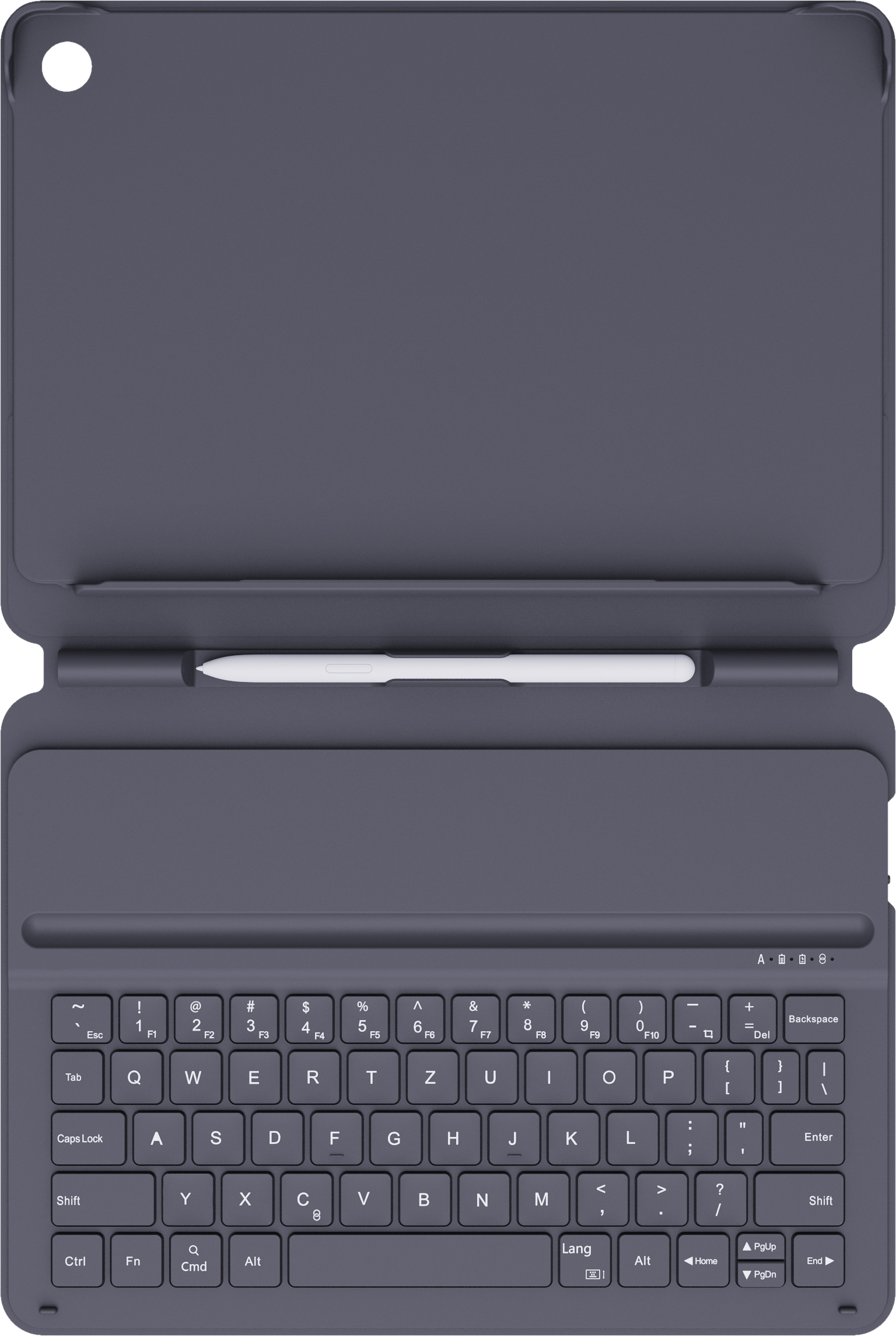 Étui gris pour tablette avec clavier attaché et support pour stylet. Stylet est blanc.