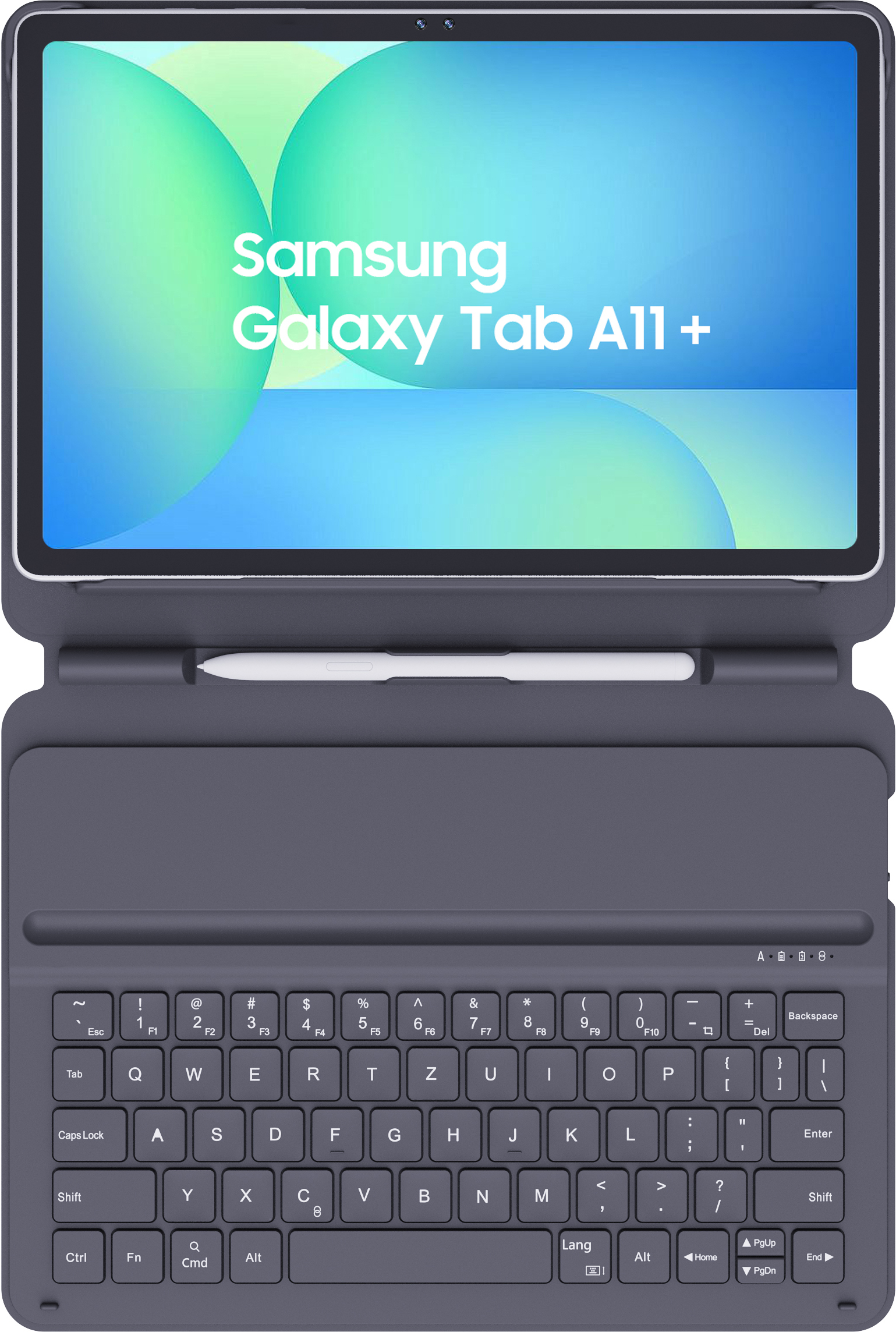 Une Samsung Galaxy Tab A11+ avec un étui-clavier gris foncé et un support de stylet.