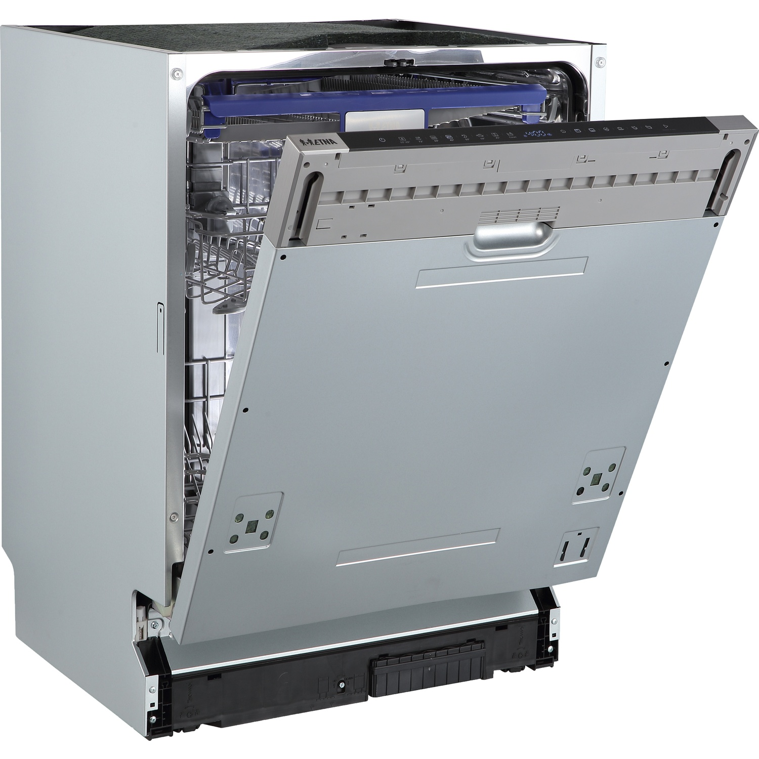 A silver dishwasher with its door open, showing racks and control panel.