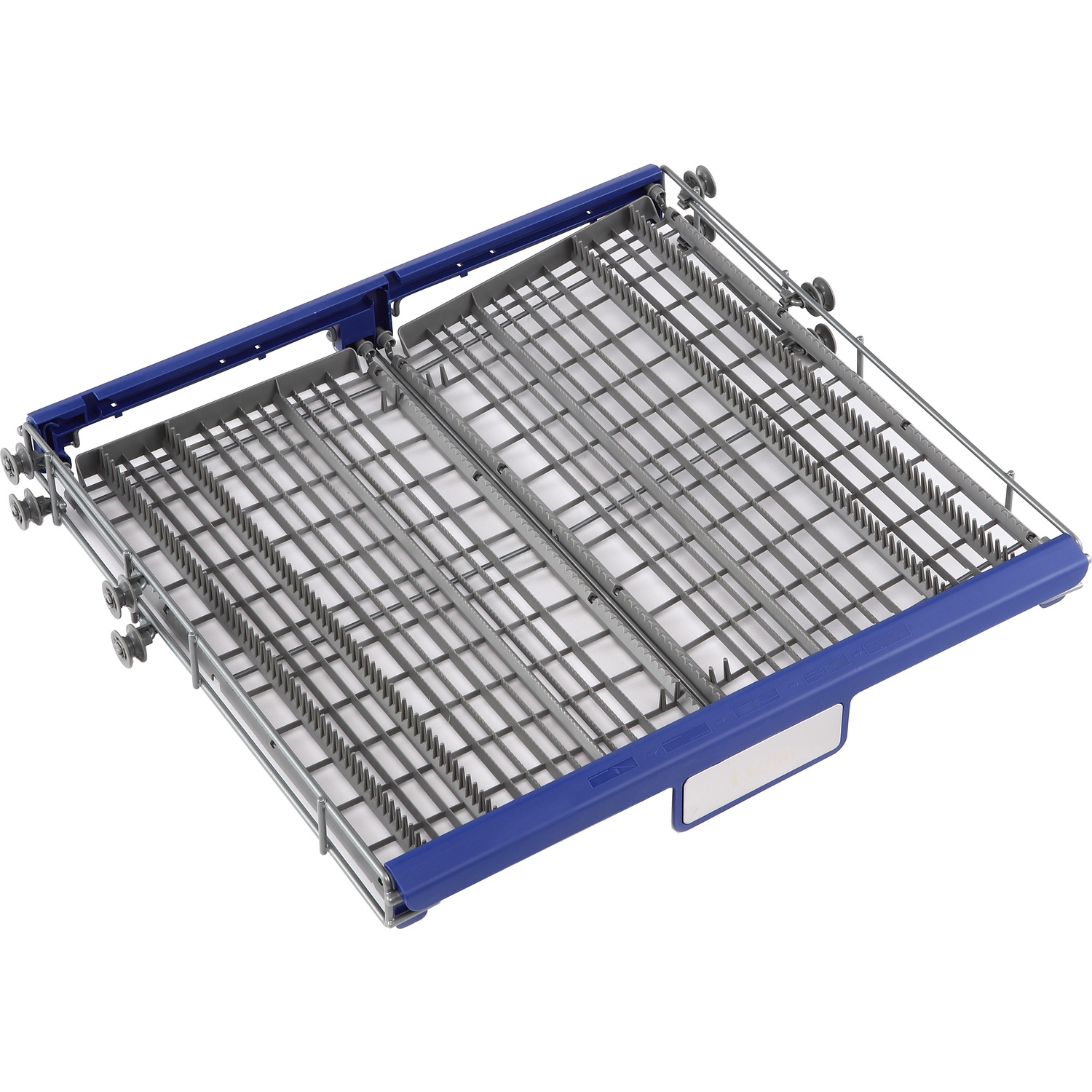 A gray dish rack with blue plastic elements and wheels.
