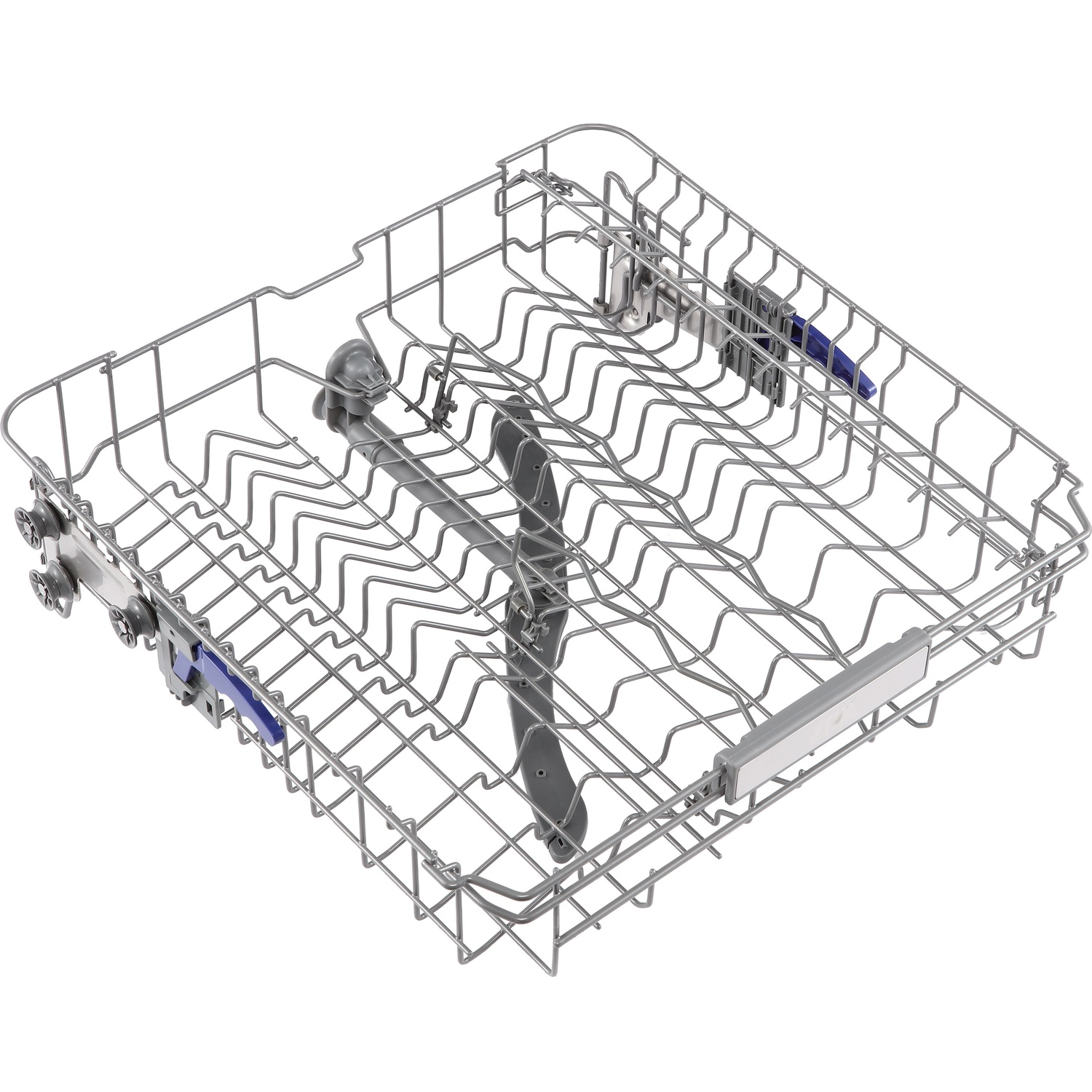 A metal dishwasher upper rack with blue handles and a gray handle.