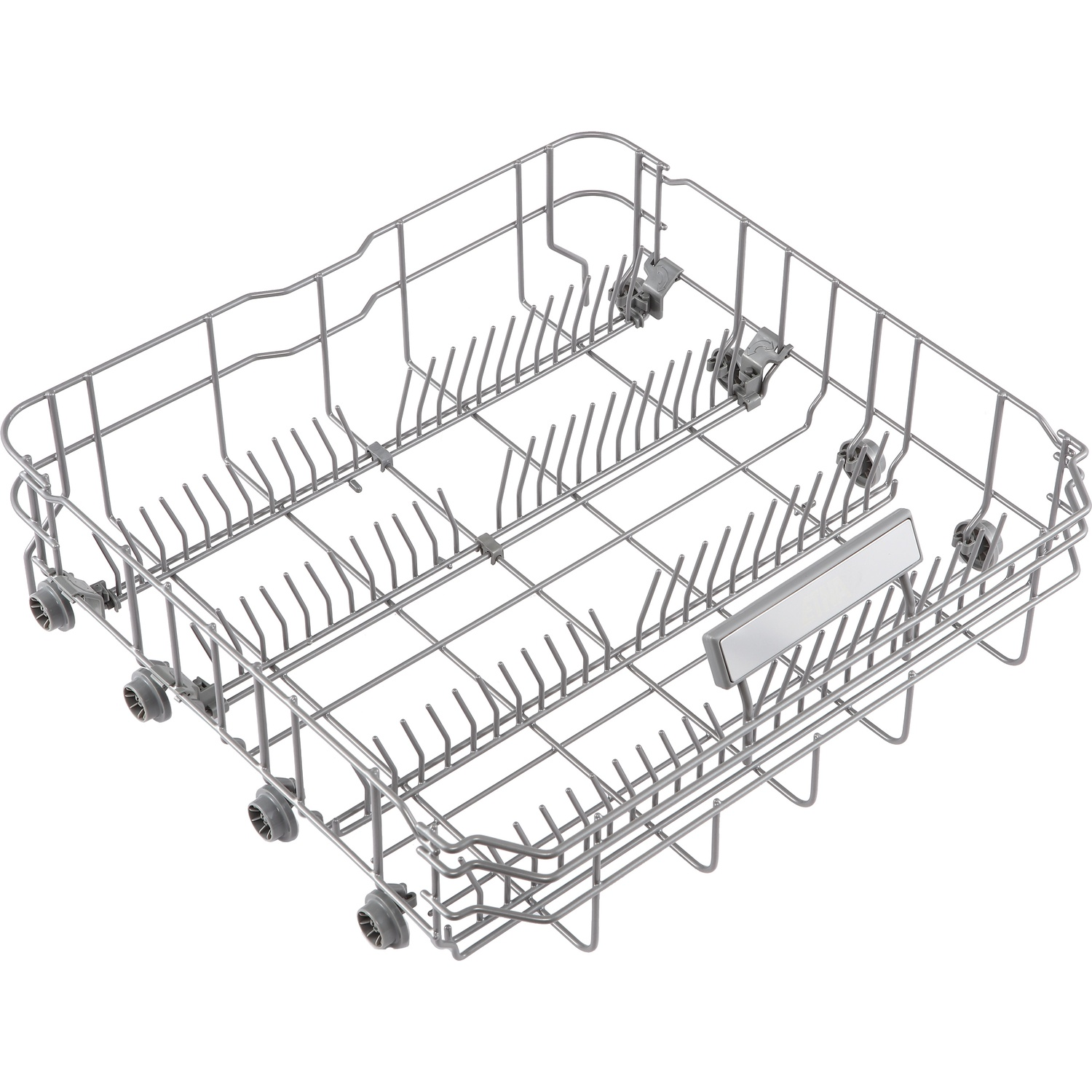 An empty metal dishwasher rack with wheels and holders for dishes.