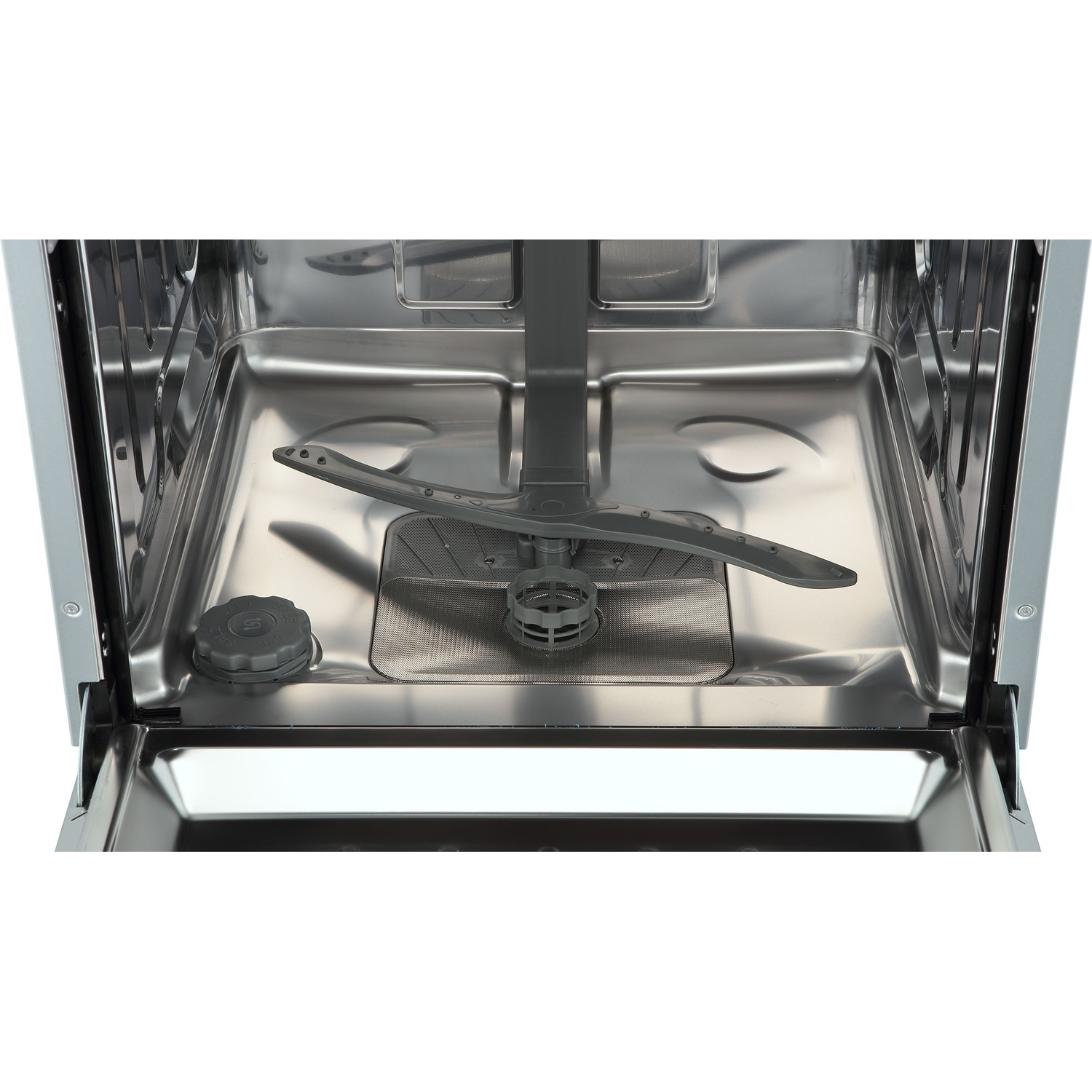 Interior of a dishwasher with spray arm and water container.