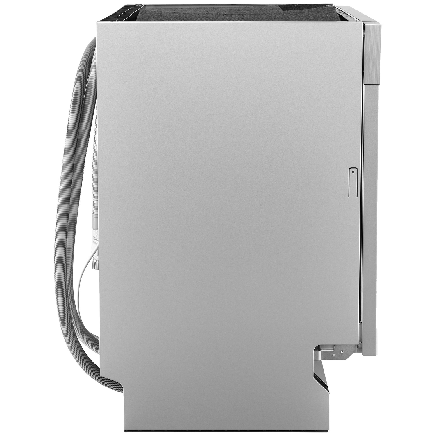 Side view of a silver dishwasher with hoses on the side.