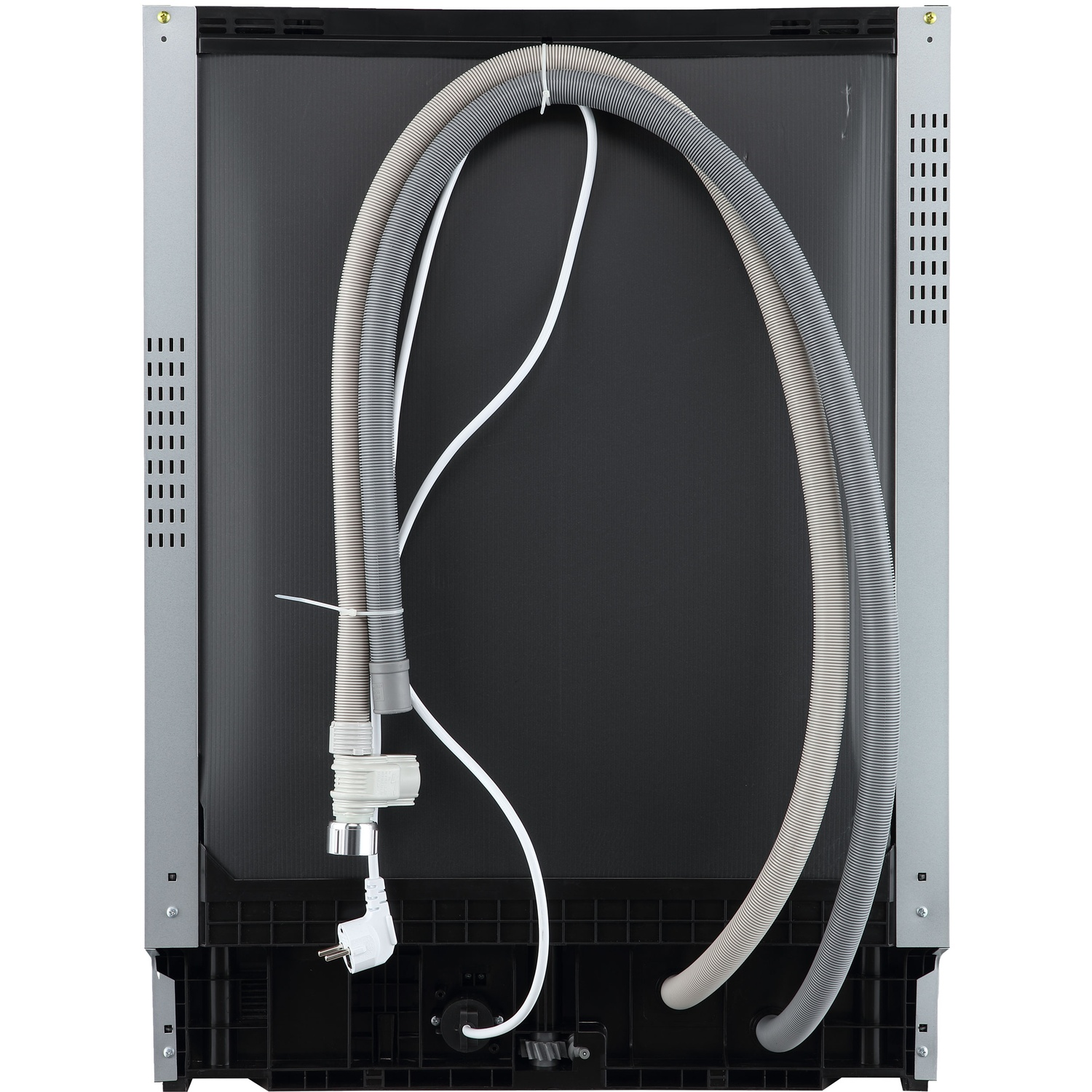 Back of a dishwasher showing hoses, cables, and connections.