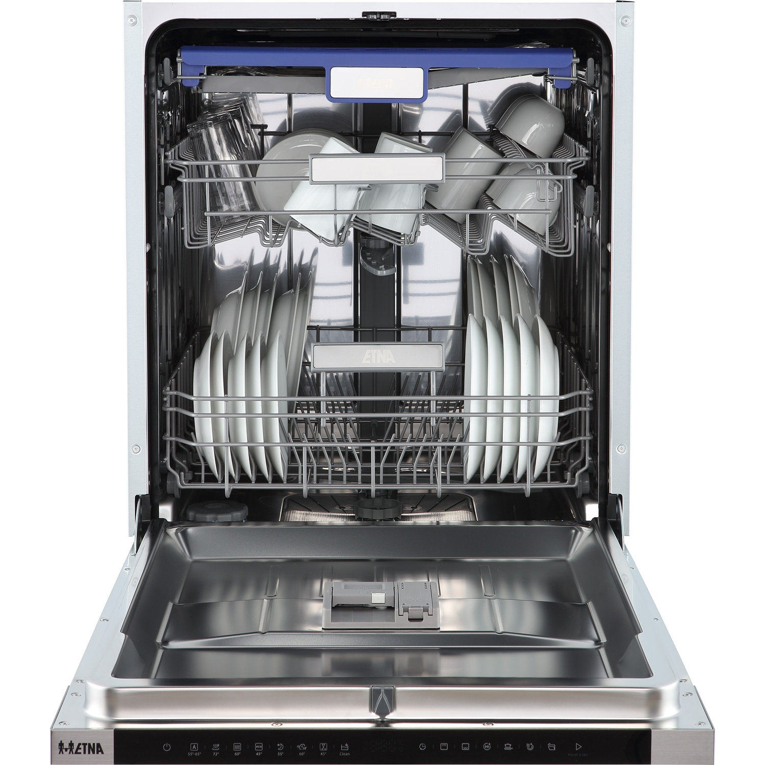 Open dishwasher with clean white plates and glasses loaded on racks.
