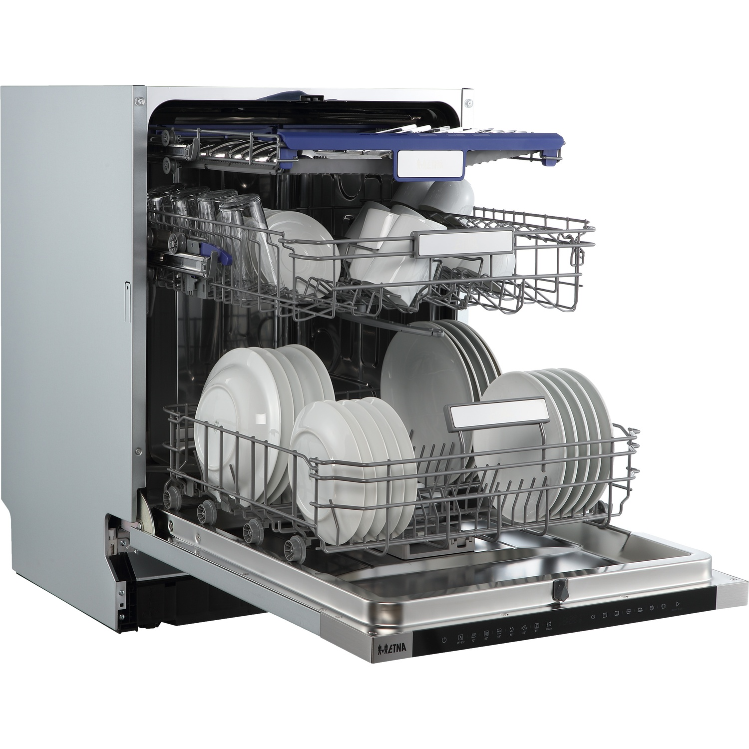 Open dishwasher with two racks loaded with white plates and glasses.