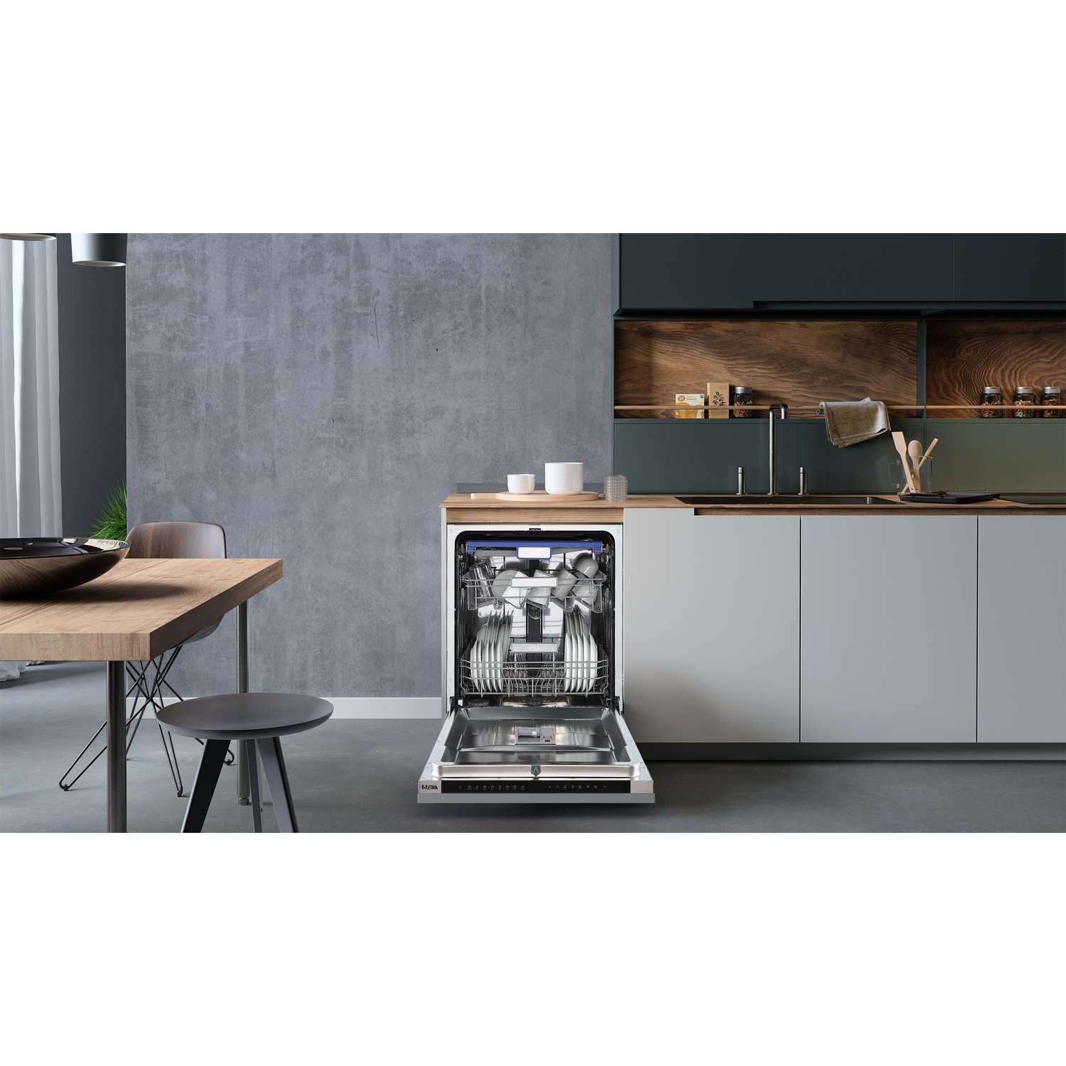 An open dishwasher with dishes inside, next to a table and a stool.