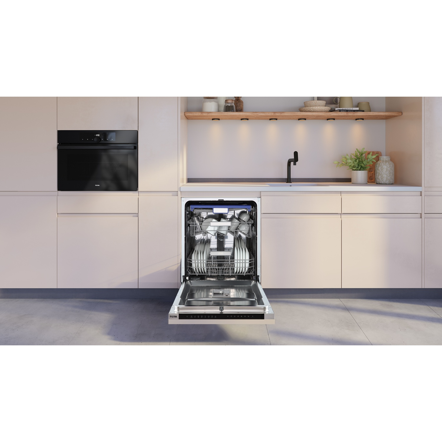A kitchen with an open dishwasher, oven, and shelf.