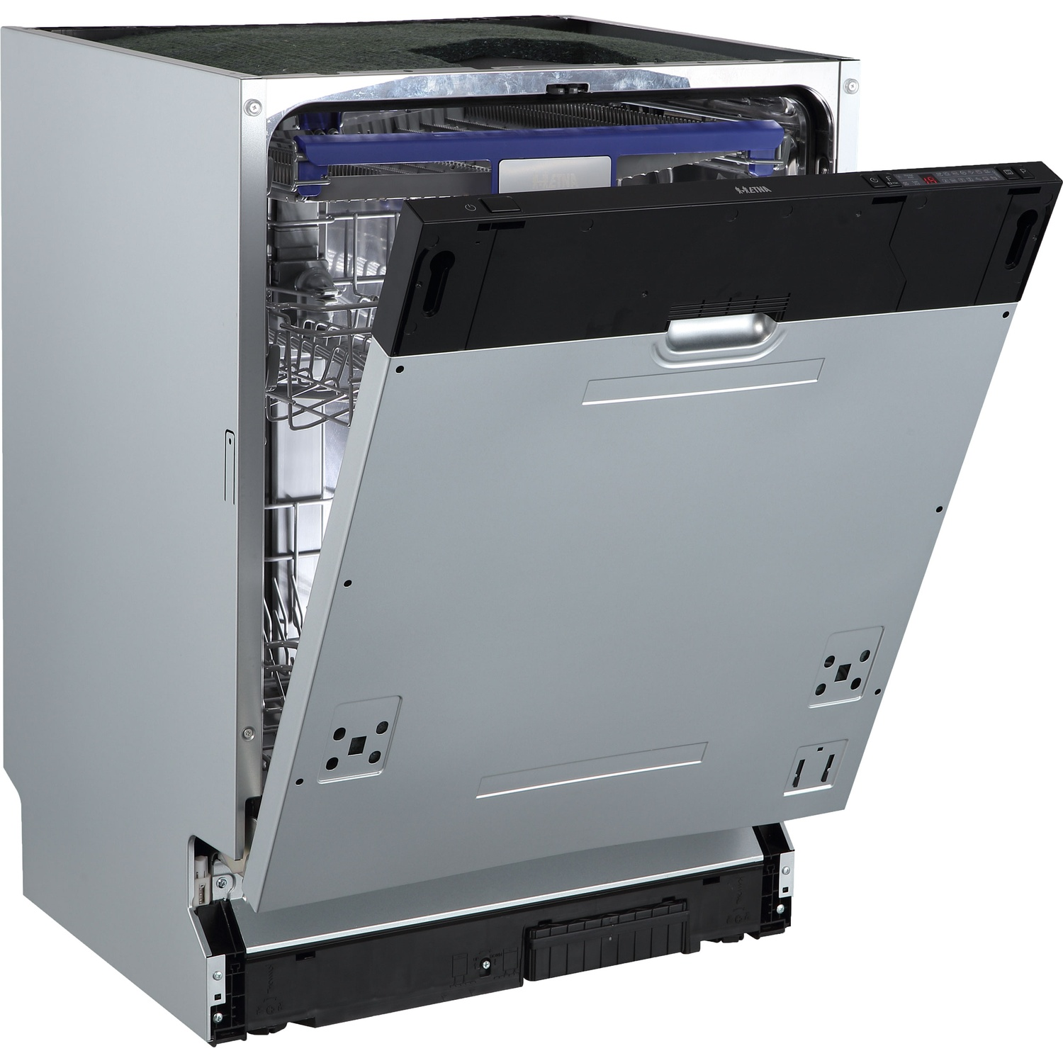 A silver dishwasher with its door open, showing the interior racks.